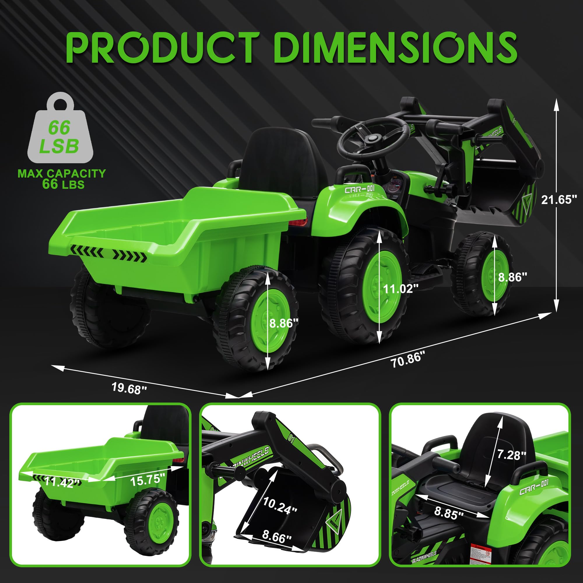 Garvee Ride - P Series: 12V 3 in 1 Ride on Excavator & Tractor with Detachable Trailer, Ride on Car Toy with Remote Control, Digger, LED Lights, Music, Kids Electric Vehicles for Boys Girls, Green