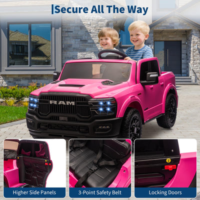 Garvee 24V Ride On Toys Licensed RAM 2500, 2 Seater Kids Ride On Truck Car, Pink, Spacious Truck Bed, LED Lights, Bluetooth, Suspension, 3 Speed