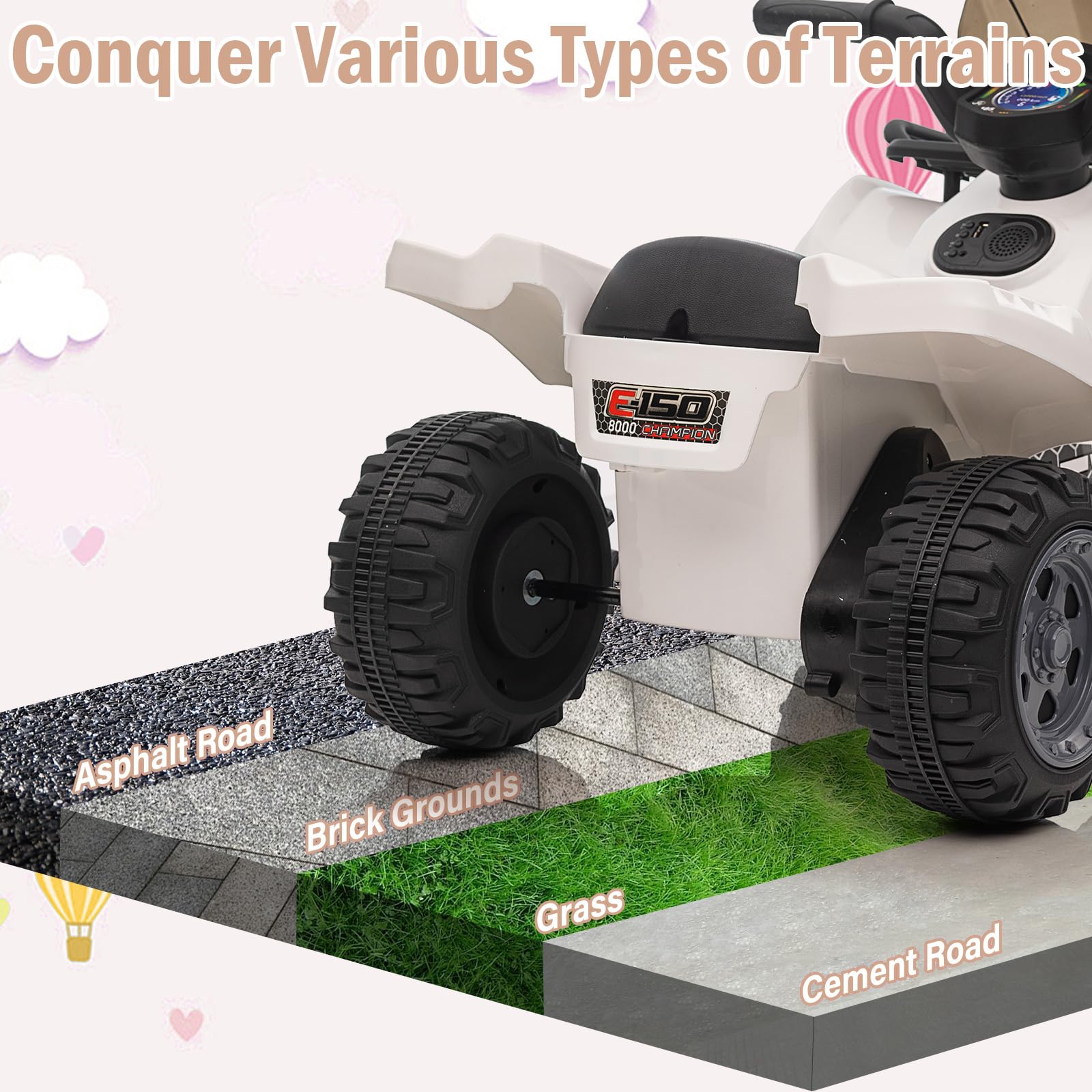 Garvee Kids ATV 4 Wheeler 6V Ride On Toy Car for Toddlers 18-48 Months White with Music, Wear-Resistant Wheels, 27.5"x16.5"x17.7"