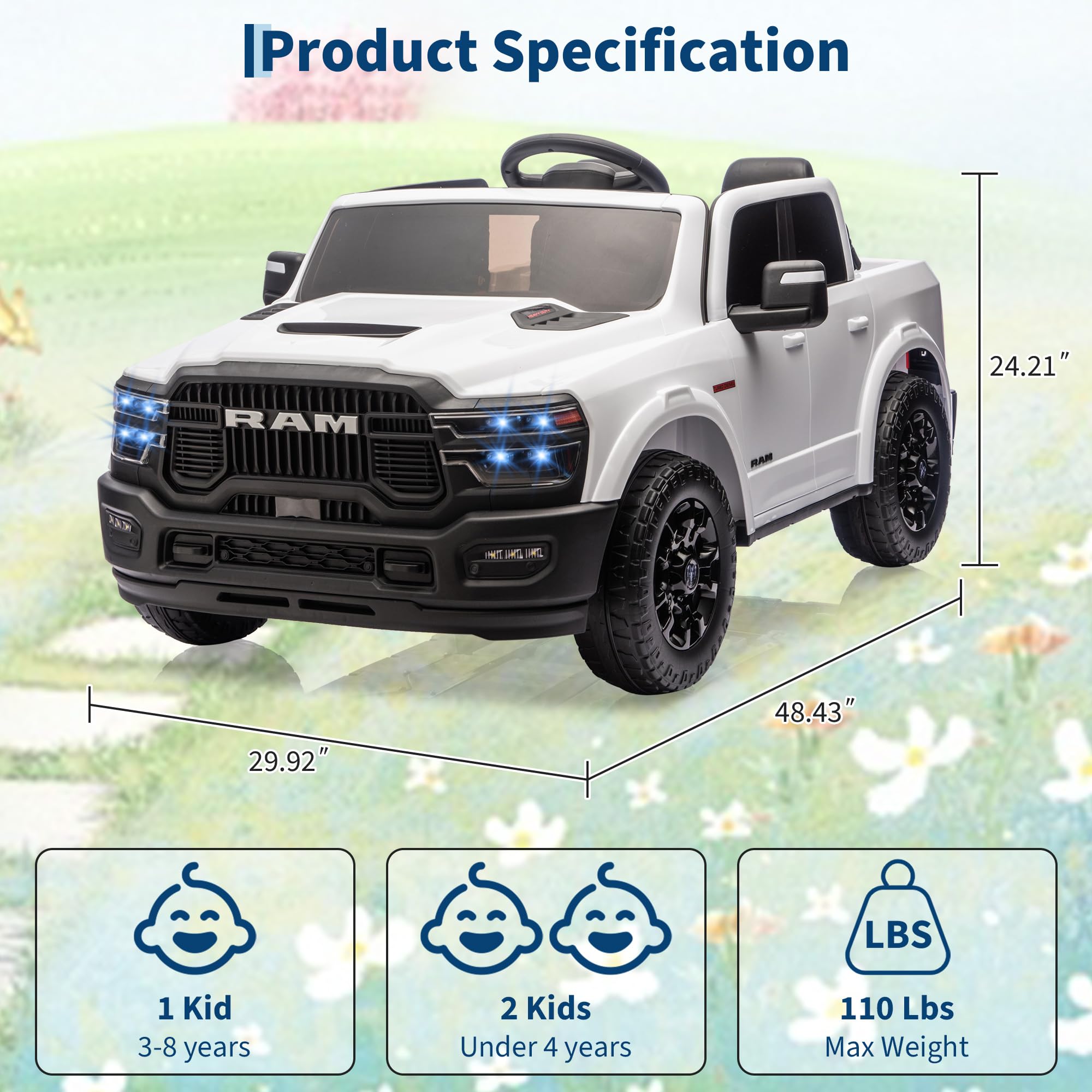 Garvee 24V Ride On Toys Licensed RAM 2500 2 Seater Kids Electric Truck Car With Remote Control White