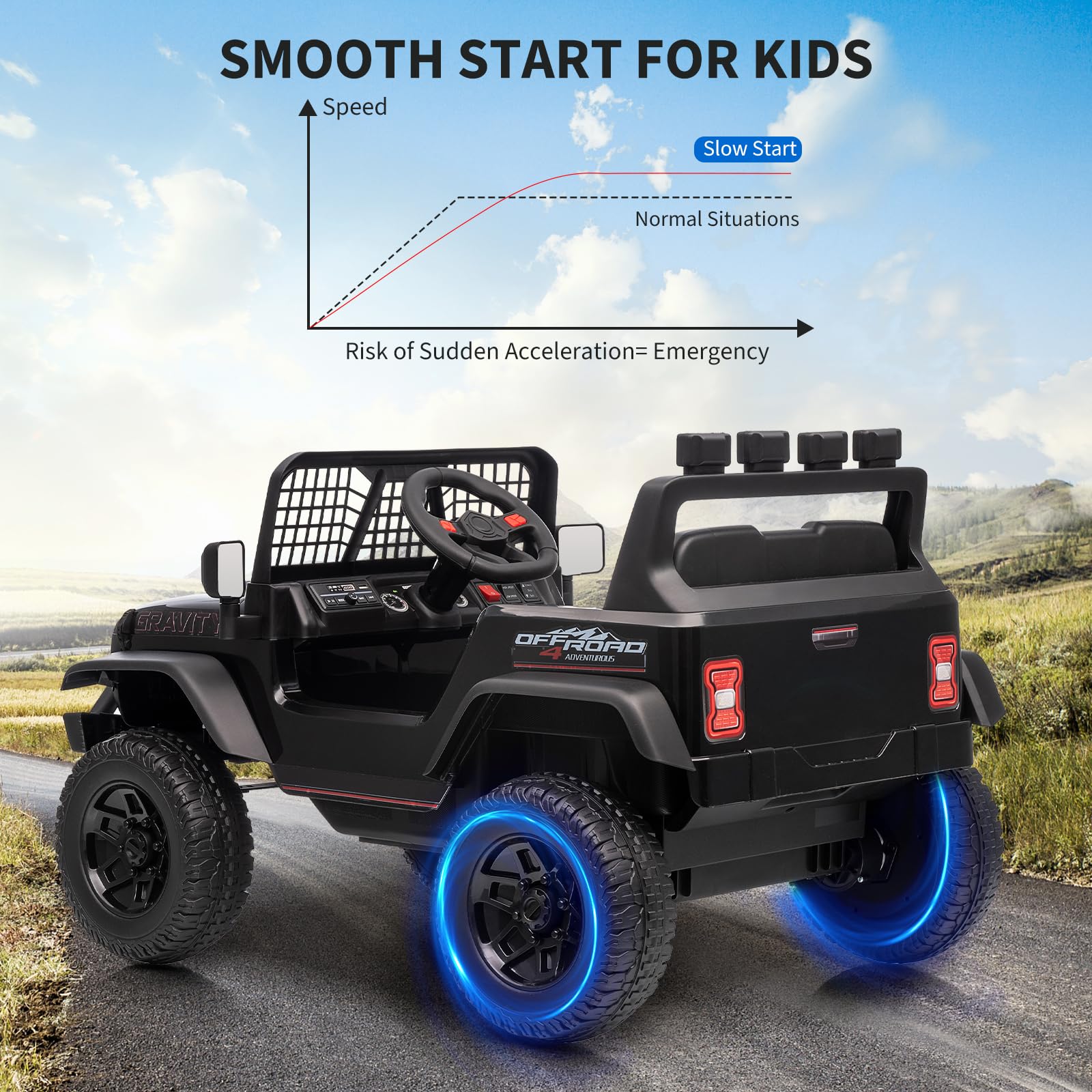 Garvee 12V Kids Ride On Truck Car with Parent Remote Control, 3 Speeds, Emergency Braking, LED Lights, Music & Horn, Black