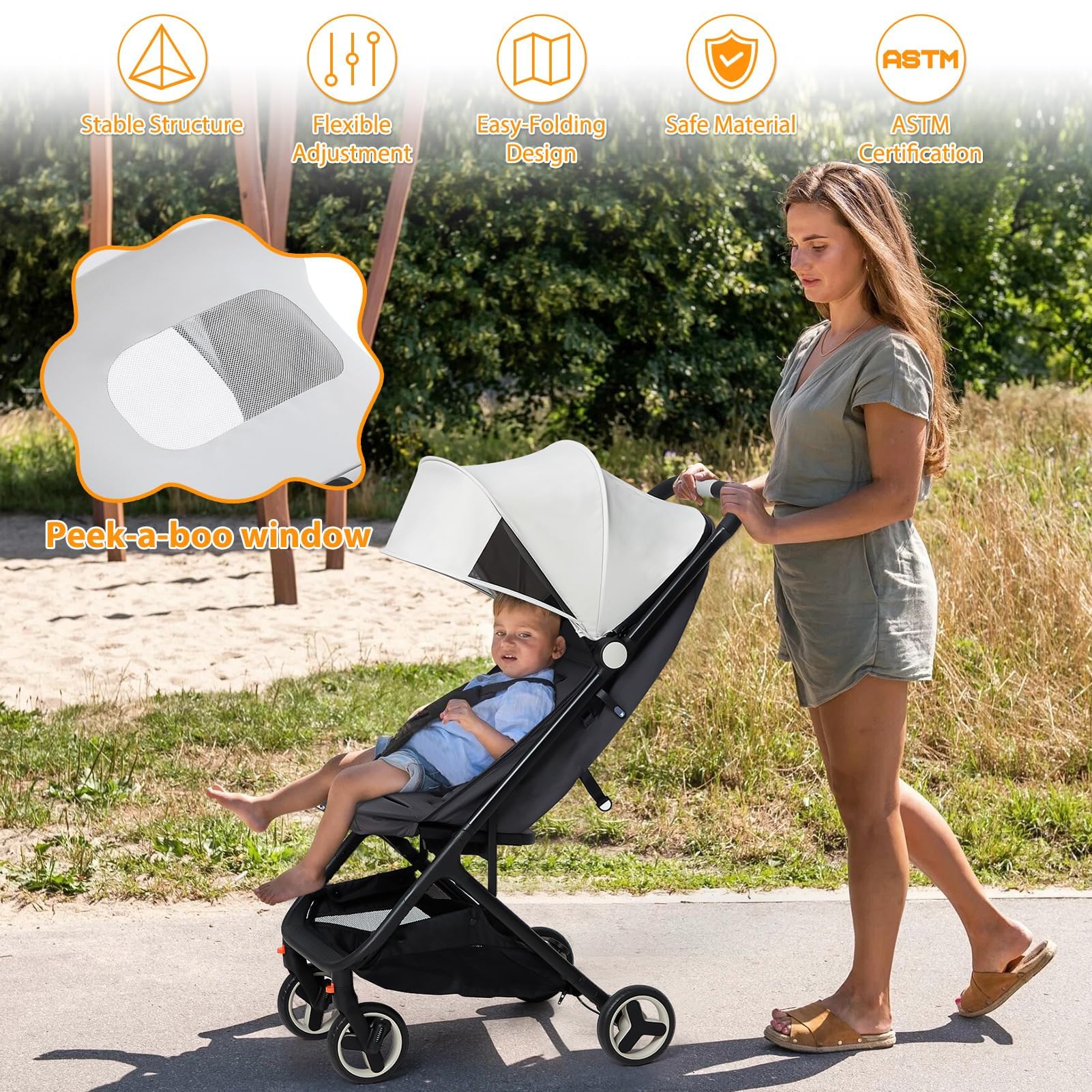 Garvee Lightweight Compact Stroller, One Hand Fold, Airplane Friendly, Reclining Seat, Canopy, Smooth Suspension, Travel Ready, Pink, Ideal for Travel - Beige