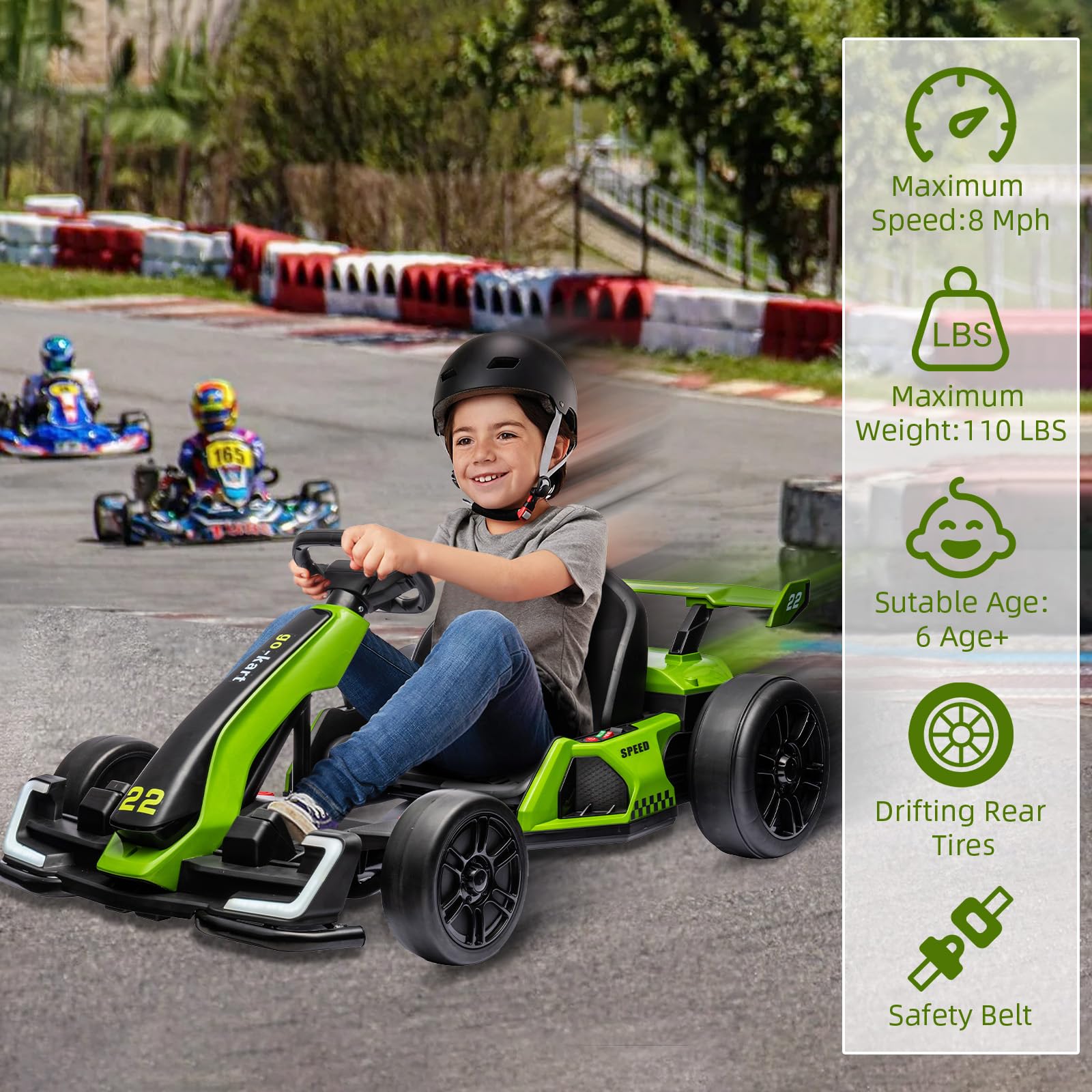 Garvee Ride - G Series: 24V Electric Go Kart, with 300W Strong Motor, Drift/Sport Mode, Big Battery, Eva Tire,Length Adjustment for Outdoor Racing Toy-Green