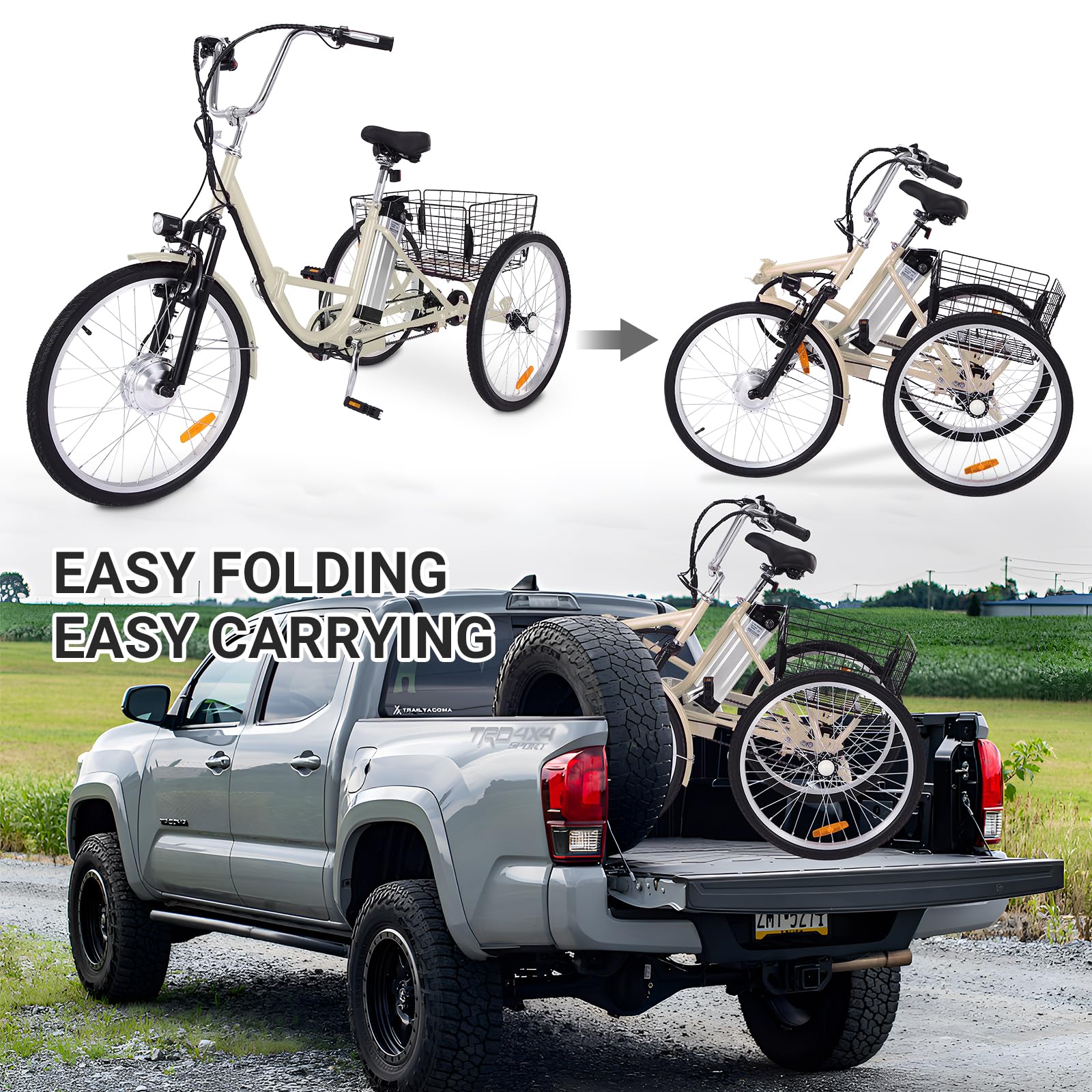 Garvee 24 Inch Adult 3 Wheel Electric Tricycle with Basket, Fat Tires,7 Speeds,350W Powerful Motor, 36V 10Ah Removable Battery - Beige
