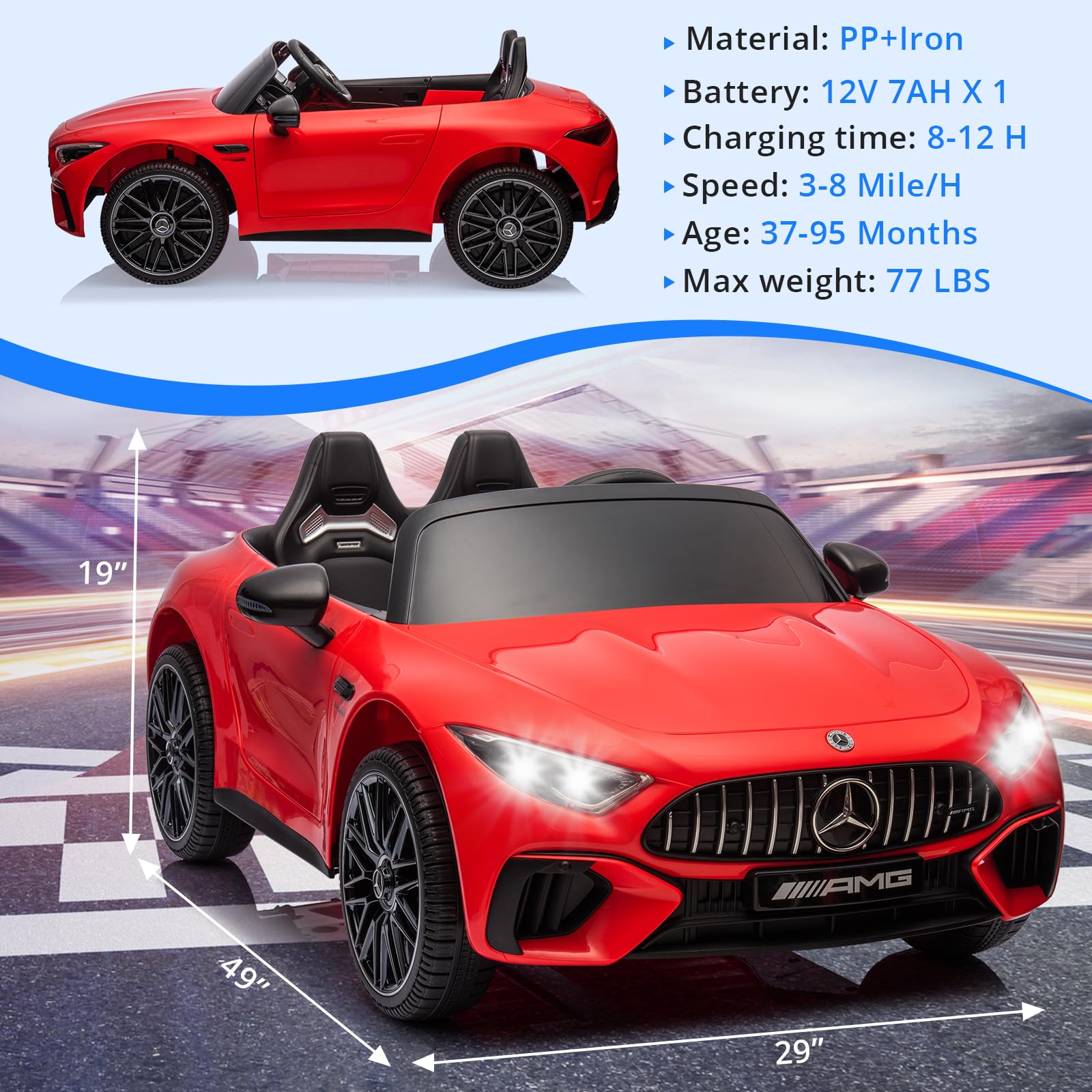 Garvee 12V Mercedes-Benz SL63 Ride-On Car: Remote Control, 2x35W Motors, 3-8 MPH, LED Lights, MP3, USB, Bluetooth, for Ages 3-7 - Red