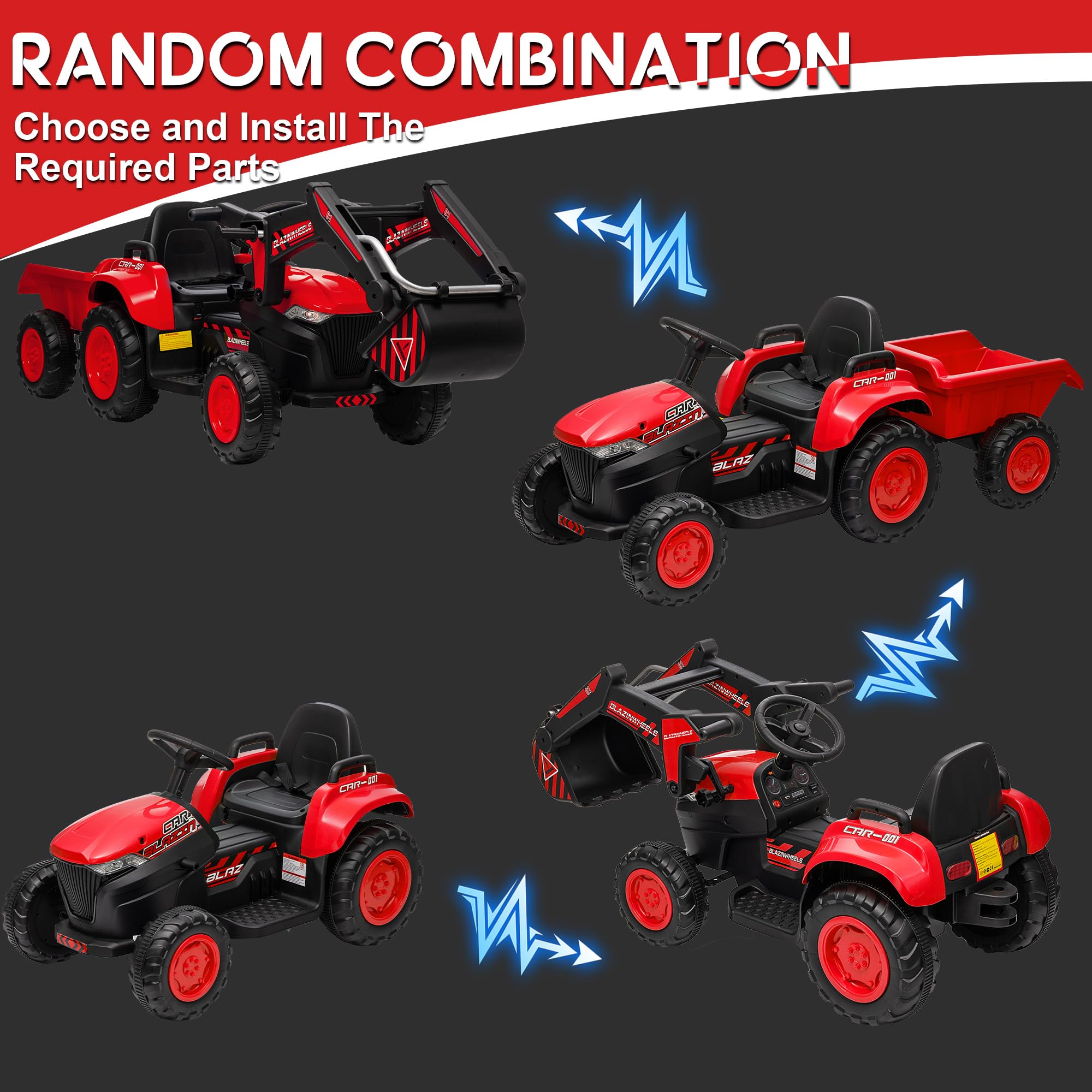 Garvee Ride - P Series: 12V 3 in 1 Ride on Excavator & Tractor with Detachable Trailer, Ride on Car Toy with Remote Control, Digger, LED Lights, Music, Kids Electric Vehicles for Boys Girls, Red