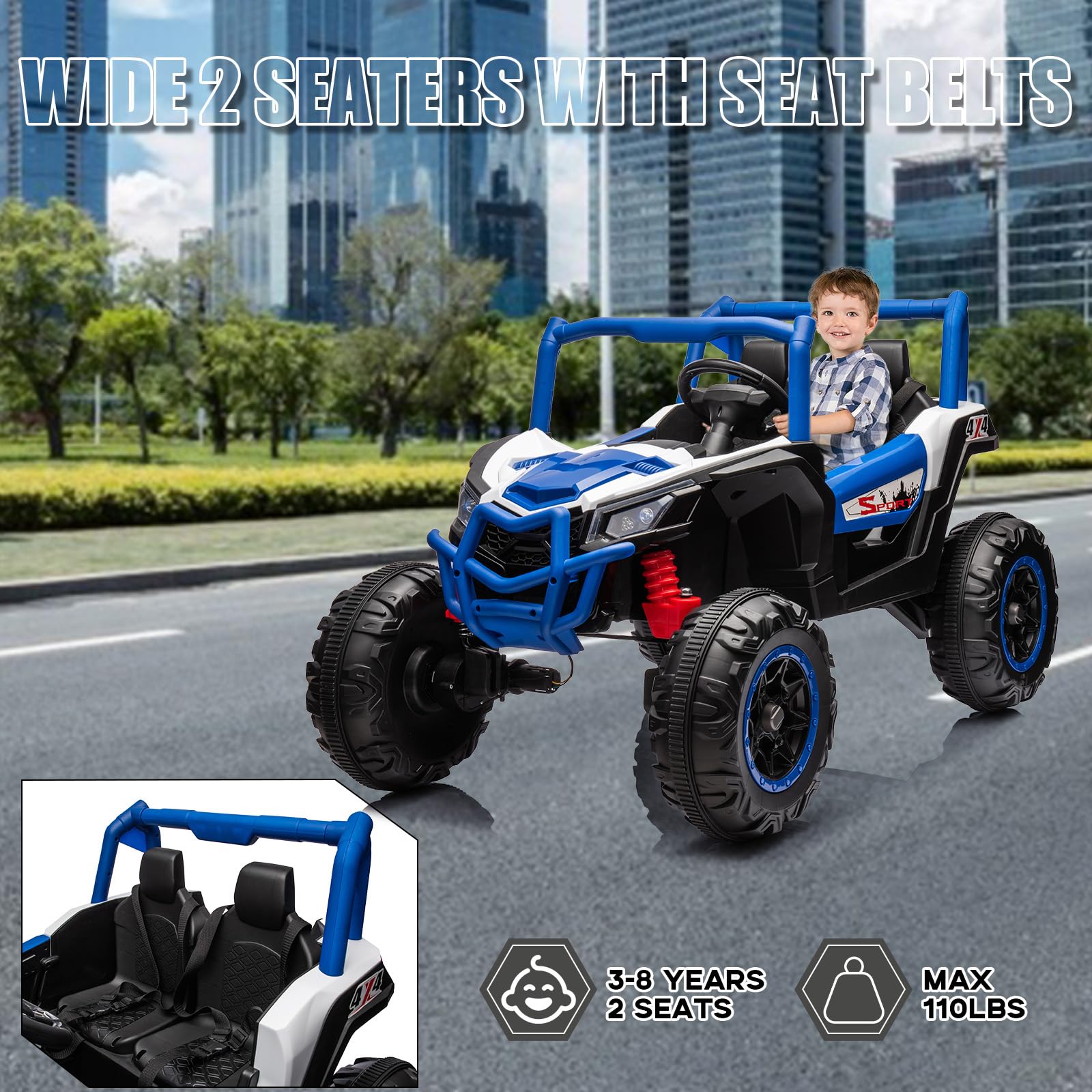 Garvee 2 Seater Ride on Car for Kids, 24V Powered Electric Off-Road UTV Ride Toy, 4WD Electric Vehicle with Remote Control, LED Lights, Bluetooth, 3 Speeds, Horn, 2 Spring Suspension (Blue)