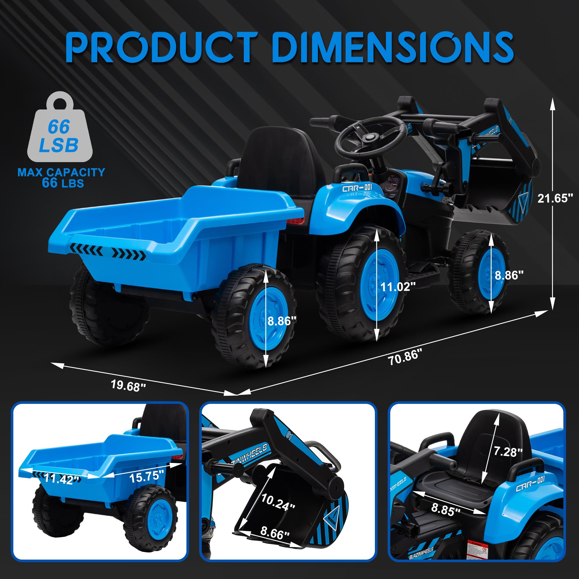 Garvee Ride - P Series: 12V 3 in 1 Ride on Excavator & Tractor with Detachable Trailer, Ride on Car Toy with Remote Control, Digger, LED Lights, Music, Kids Electric Vehicles for Boys Girls, Blue