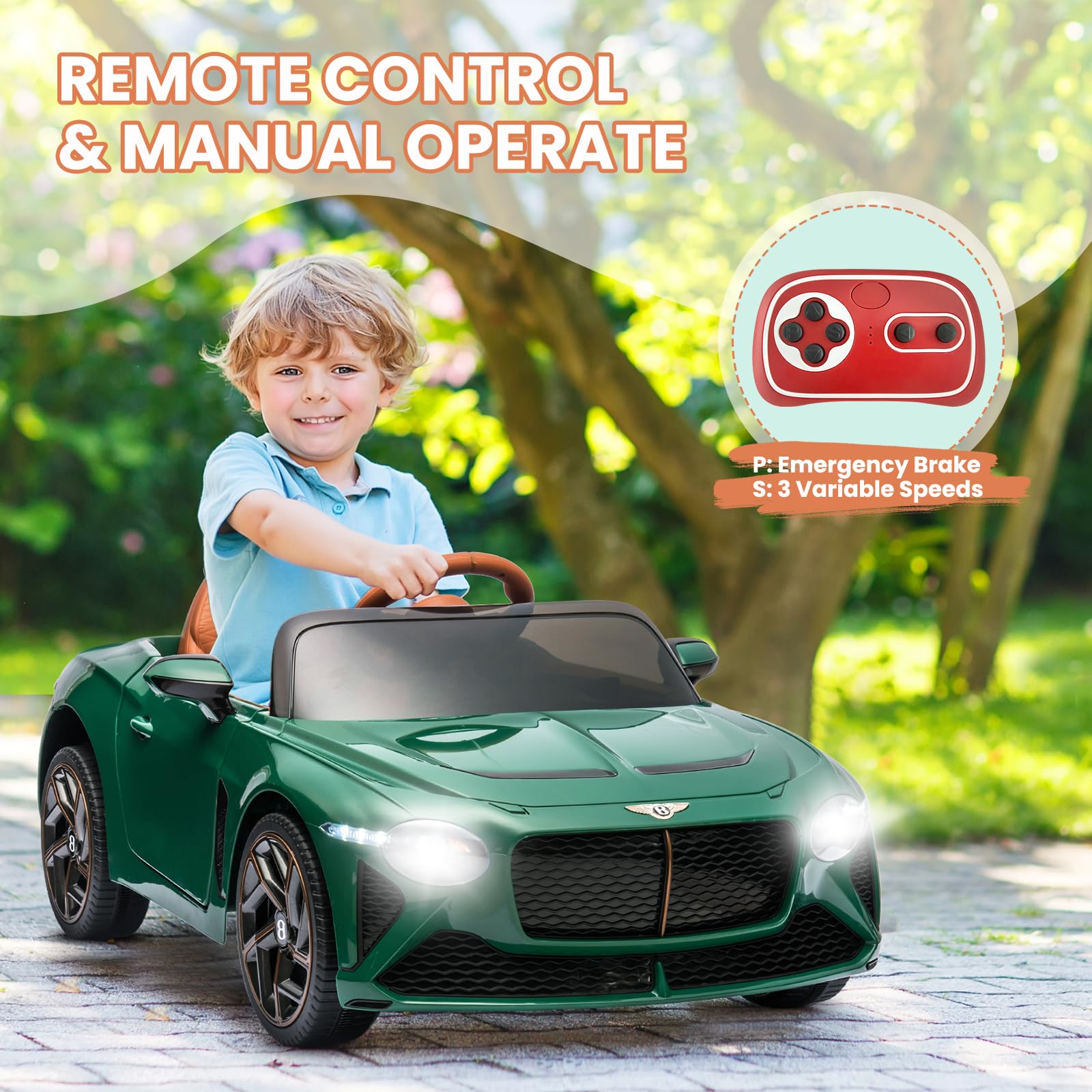 Garvee 12V Licensed Bentley Bacalar Ride-On: Remote Control, Scissor Doors, Suspension, LED Lights, 3 Speeds, for Boys & Girls - Green