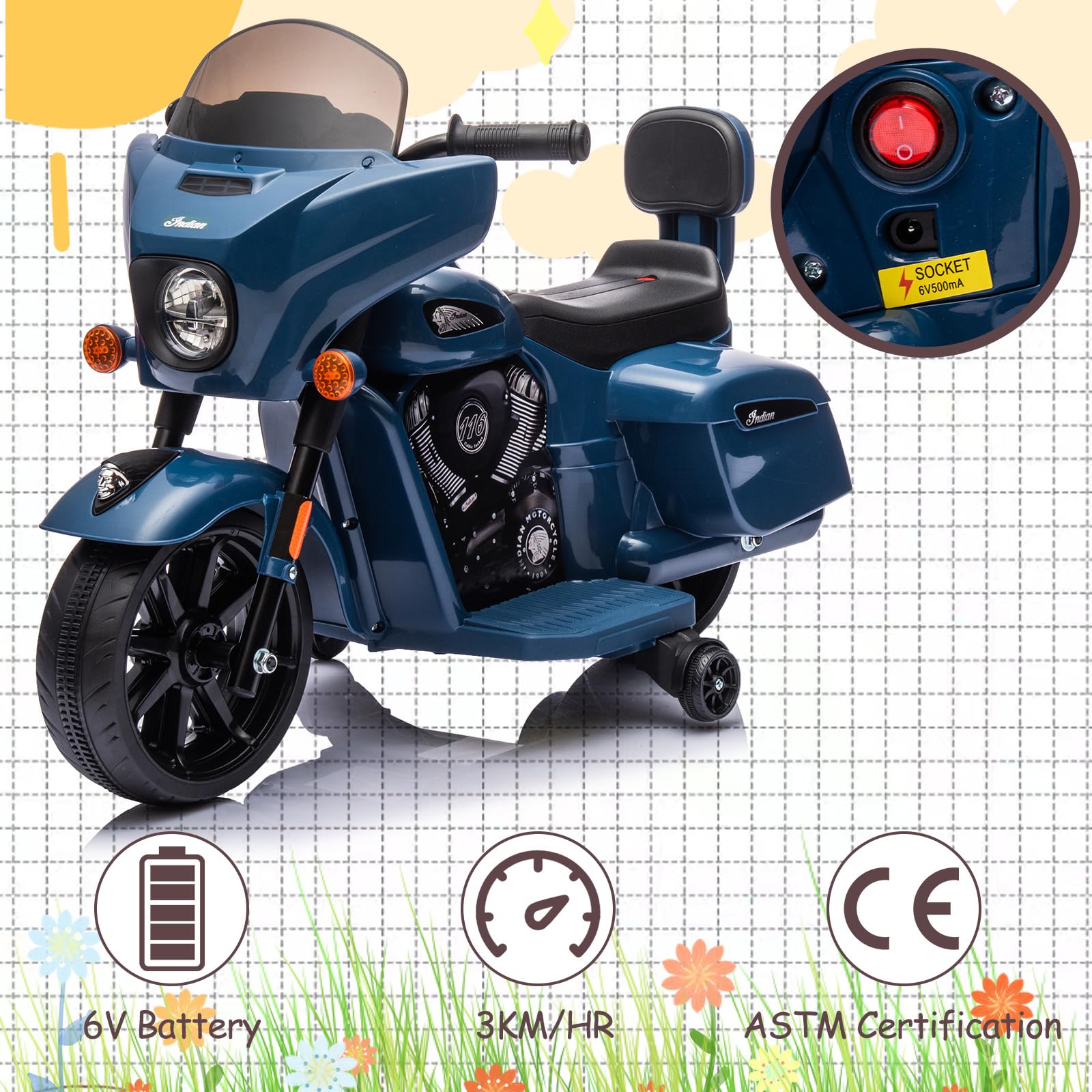 Garvee Ride - B Series: 6V Ride-On Motorcycle for Kids, Electric Dirt Bike with USB, Music, Headlight - Blue