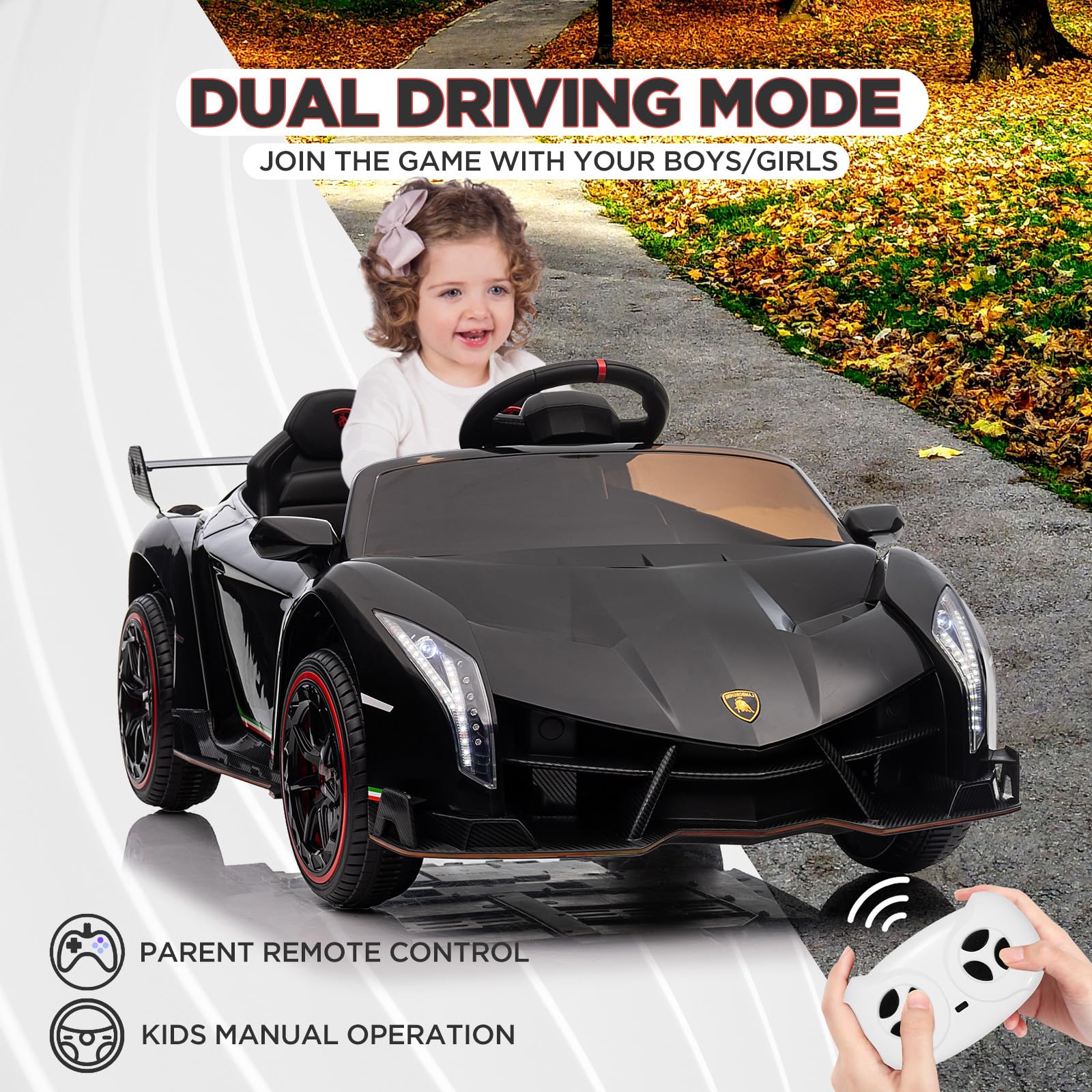 Garvee 12V Kids Ride On Car, Licensed Lamborghini Venono Electric Car w/Parent Remote Control, Scissor Door, 3 Speeds, LED Headlights, Rocking & Music, Battery Powered Ride on Toy for Boys Girls- Black