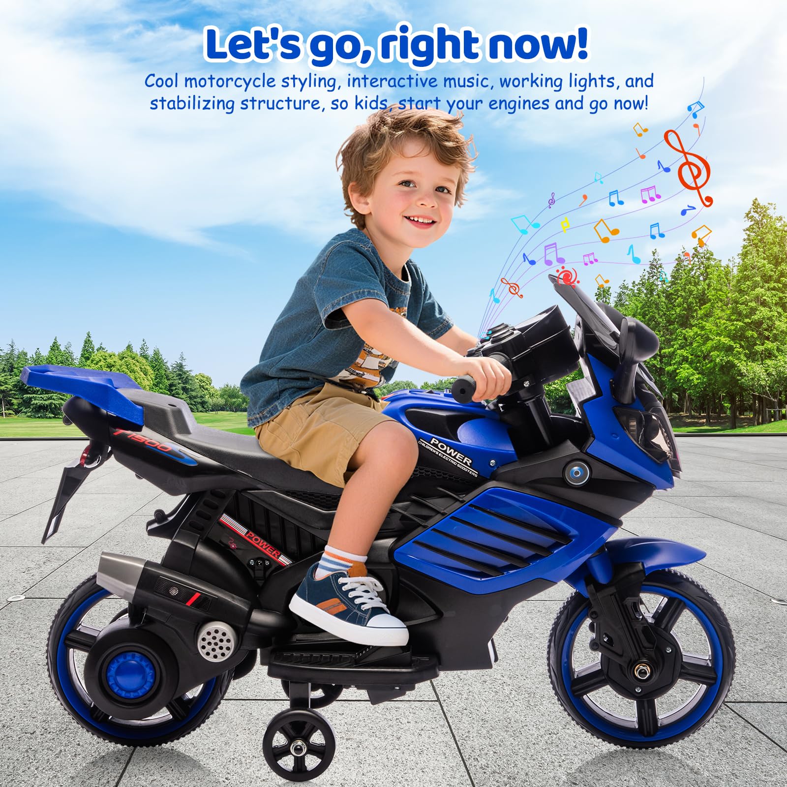 Garvee Kids 6V Ride On Motorcycle Battery Powered Ride On Toys with Training Wheels for Toddlers Blue 30.31" L x 14.96" W x 19.69" H