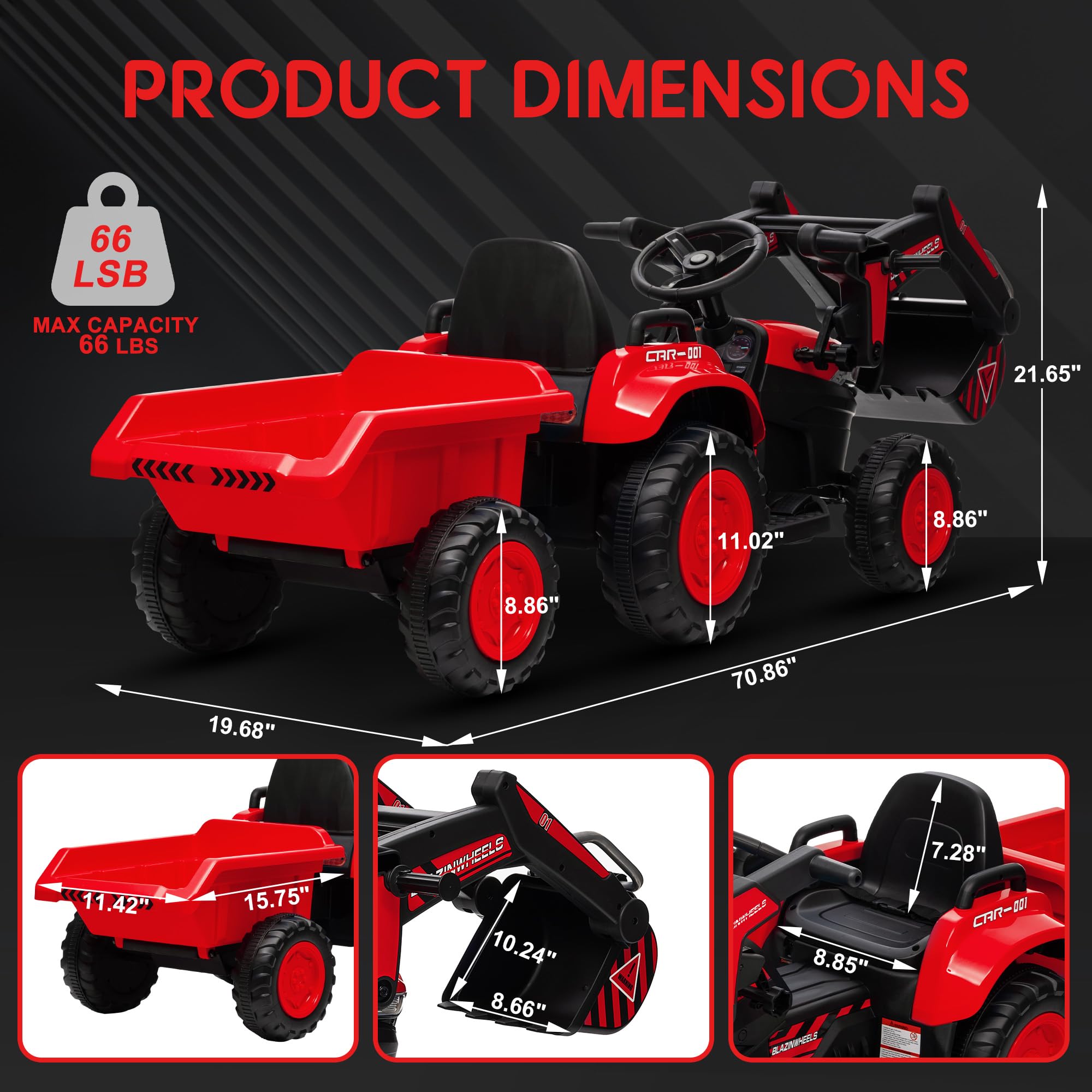 Garvee Ride - P Series: 12V 3 in 1 Ride on Excavator & Tractor with Detachable Trailer, Ride on Car Toy with Remote Control, Digger, LED Lights, Music, Kids Electric Vehicles for Boys Girls, Red