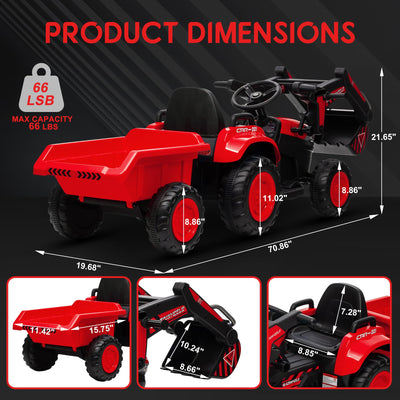 Garvee Ride - P Series: 12V 3 in 1 Ride on Excavator & Tractor with Detachable Trailer, Ride on Car Toy with Remote Control, Digger, LED Lights, Music, Kids Electric Vehicles for Boys Girls, Red