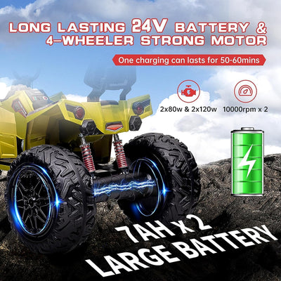 Garvee Kids ATV Car, Garvee 24V Ride on Toy 4WD Quad Electric Vehicle, 4x80W Powerful Engine, w/7AHx2 Large Battery, Accelerator Handle, Full Metal Suspensions, EVA Tires, LED Light, Bluetooth & Music, Green