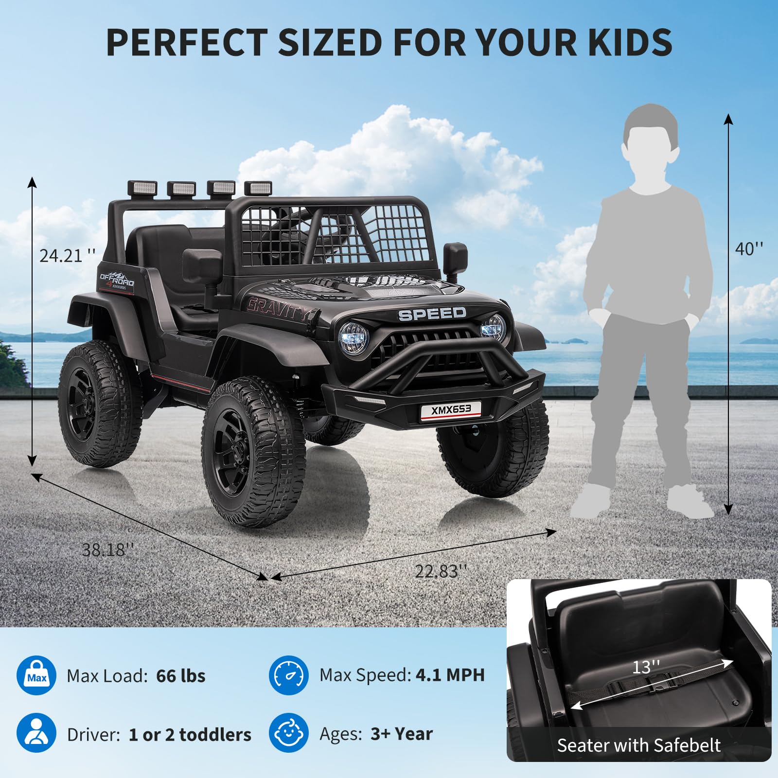 Garvee 12V Kids Ride On Truck Car with Parent Remote Control, 3 Speeds, Emergency Braking, LED Lights, Music & Horn, Black