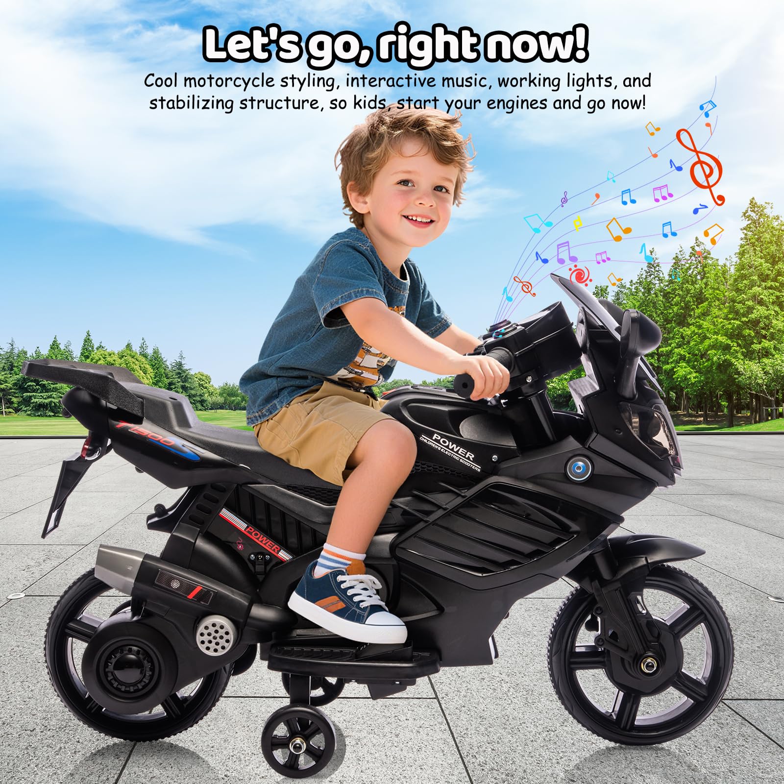 Garvee Kids 6V Ride On Motorcycle With Training Wheels For Toddlers, Black, 30.31" L x 14.96" W x 19.69" H
