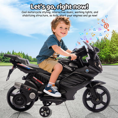 Garvee Kids 6V Ride On Motorcycle With Training Wheels For Toddlers, Black, 30.31" L x 14.96" W x 19.69" H
