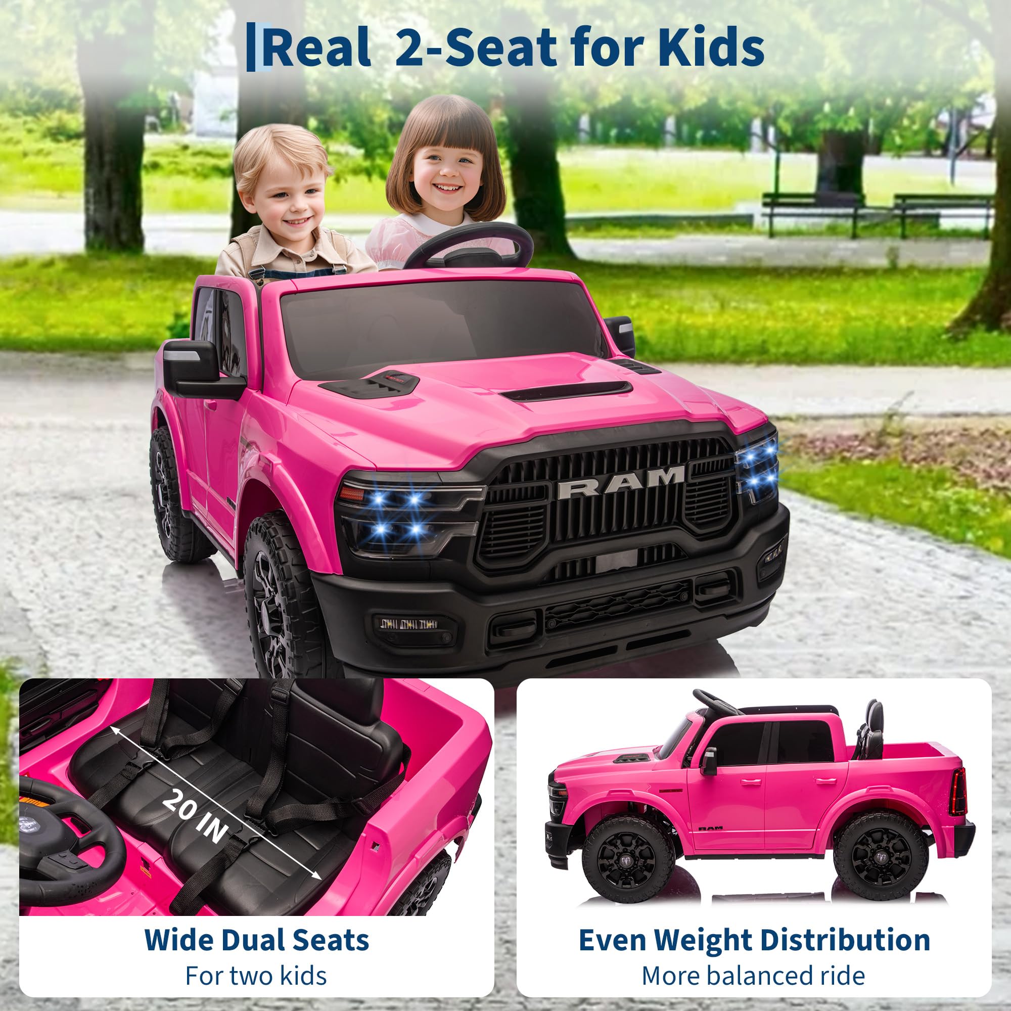Garvee 24V Ride On Toys Licensed RAM 2500, 2 Seater Kids Ride On Truck Car, Pink, Spacious Truck Bed, LED Lights, Bluetooth, Suspension, 3 Speed