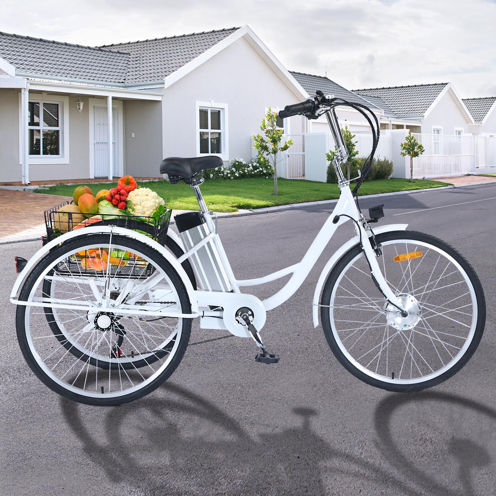 Garvee Adult Tricycle 7-Speed 24-inch 3 Wheel Bike 250W Motor Large Basket HD LED Light 36V Battery Smooth Ride Black