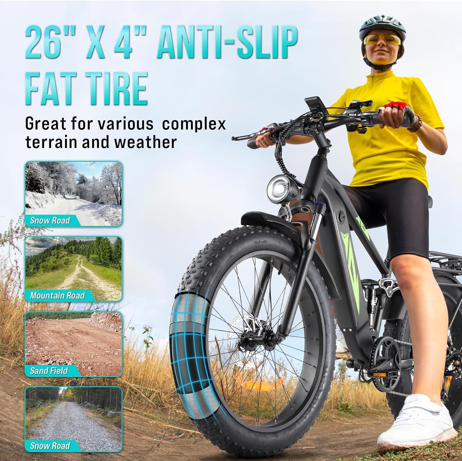 Garvee Electric Bike for Adults, [Peak 1500W Motor] Electric Mountain Bike, 26" Fat Tire Ebike, Max 60 Miles 28MPH Electric Bicycle with 48V/17.5Ah Battery, LCD Display, 7 Speed, Front Suspension (Gray)