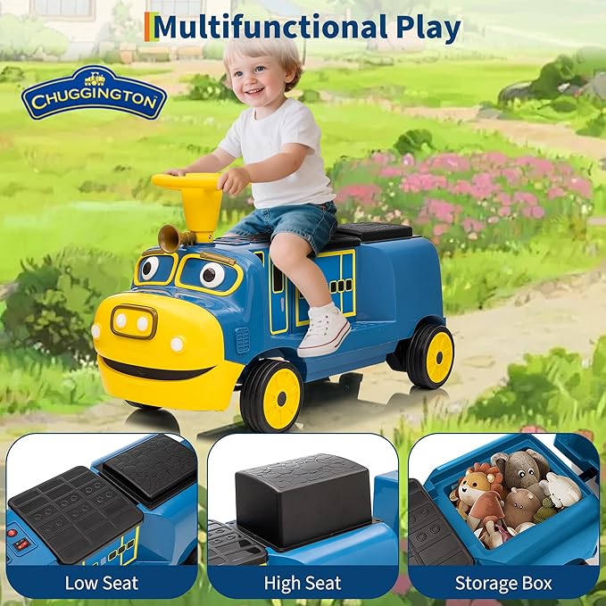 Garvee 12V Kids Ride On Train Trackless 2-Seater Dual Motor Rubber Wheels Light Music Blue Outdoor Fun