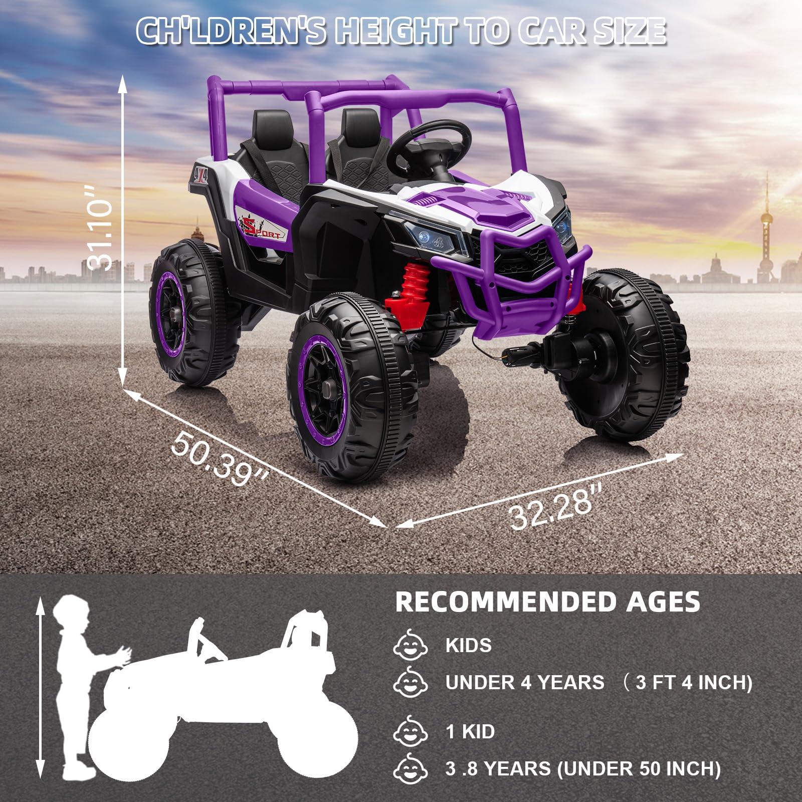 Garvee 2 Seater Ride on Car for Kids, 24V Powered Electric Off-Road UTV Ride Toy, 4WD Electric Vehicle with Remote Control, LED Lights, Bluetooth, 3 Speeds, Horn, 2 Spring Suspension