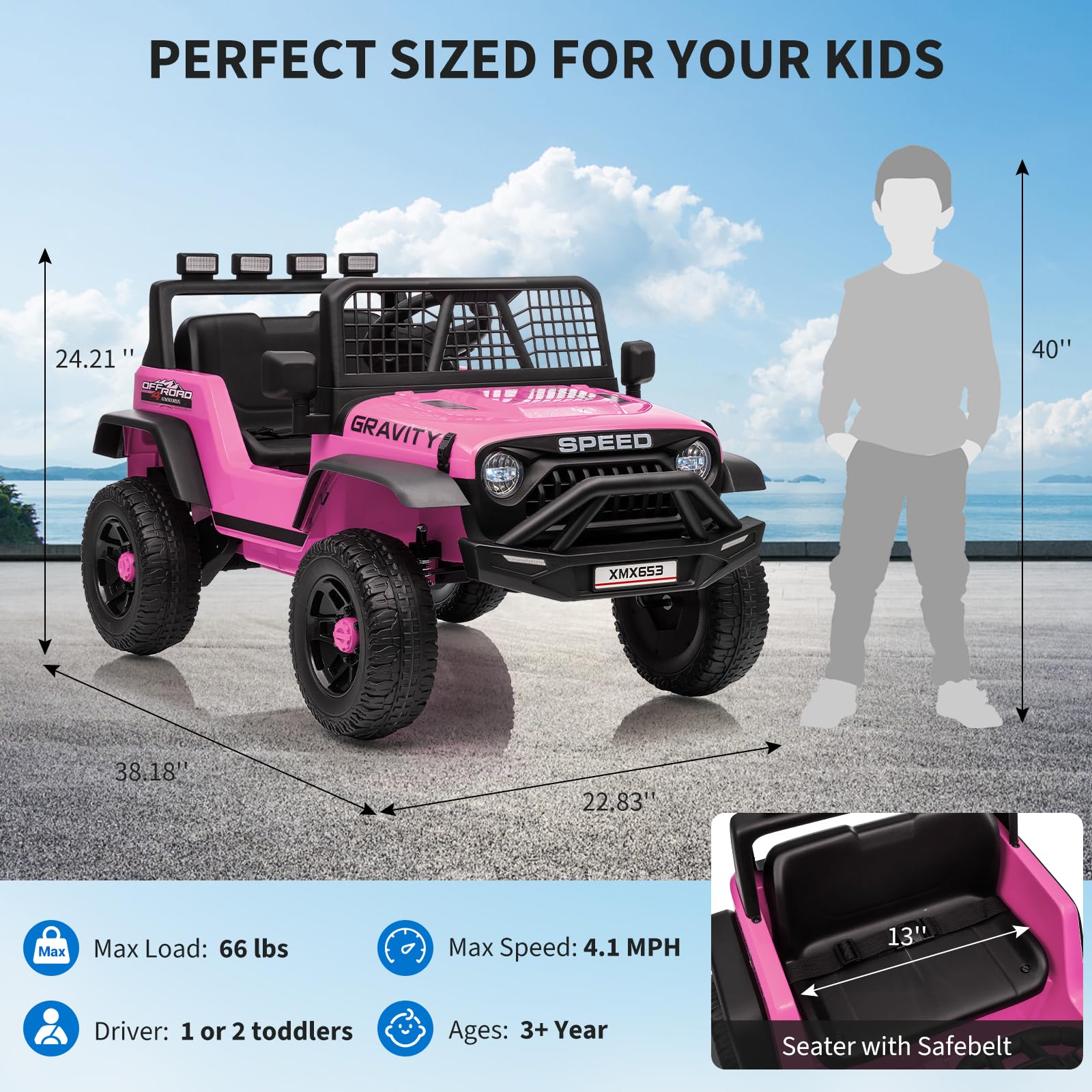 Garvee 12V Kids Ride On Truck Car with Parent Remote Control, 3 Speeds, Emergency Braking, LED Lights, Music & Horn, Pink for Boys and Girls Outdoor Adventures