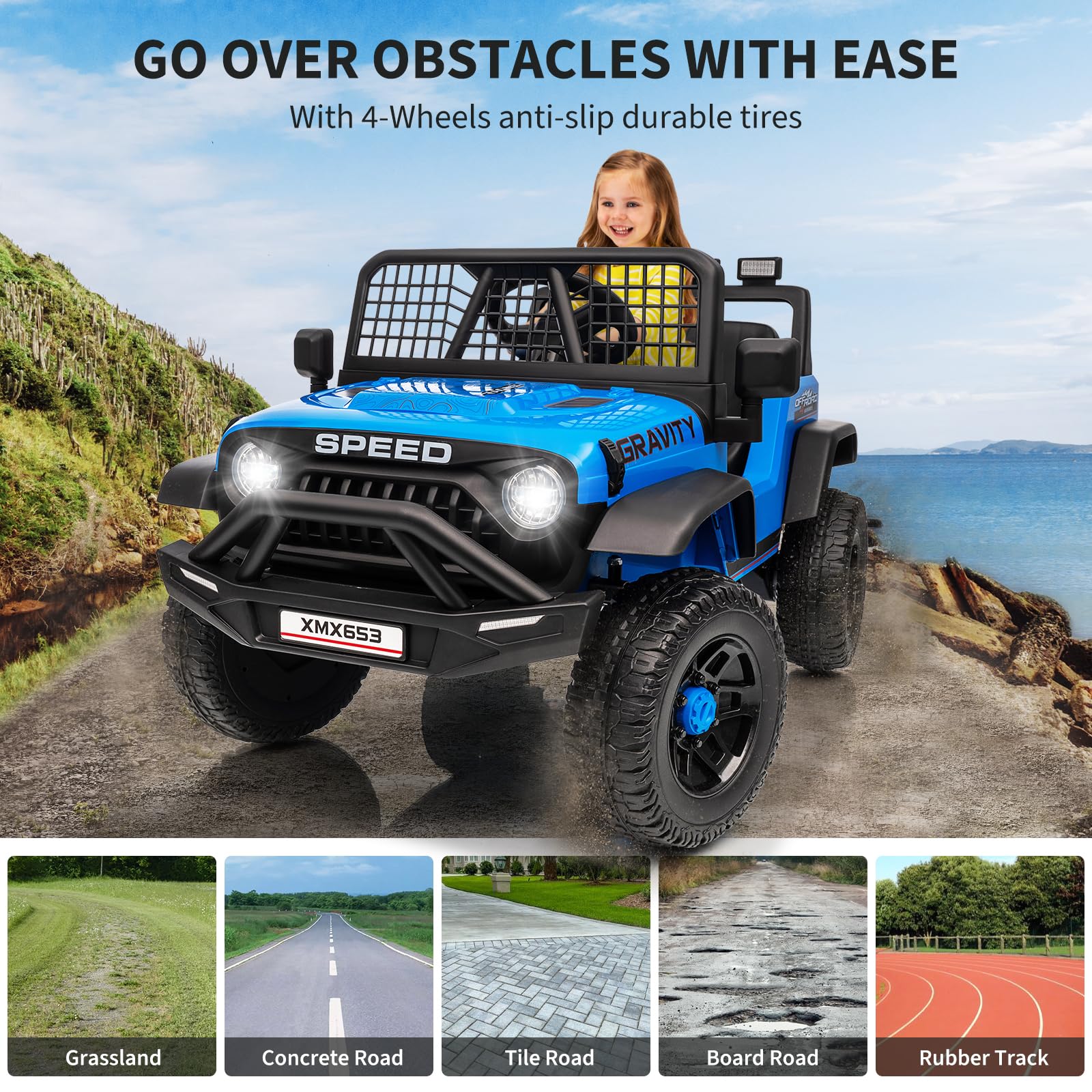 Garvee 12V Kids Ride On Truck Car with Parent Remote Control, 3 Speeds, Emergency Braking, LED Lights, Music & Horn, Blue, Outdoor Adventure Toy