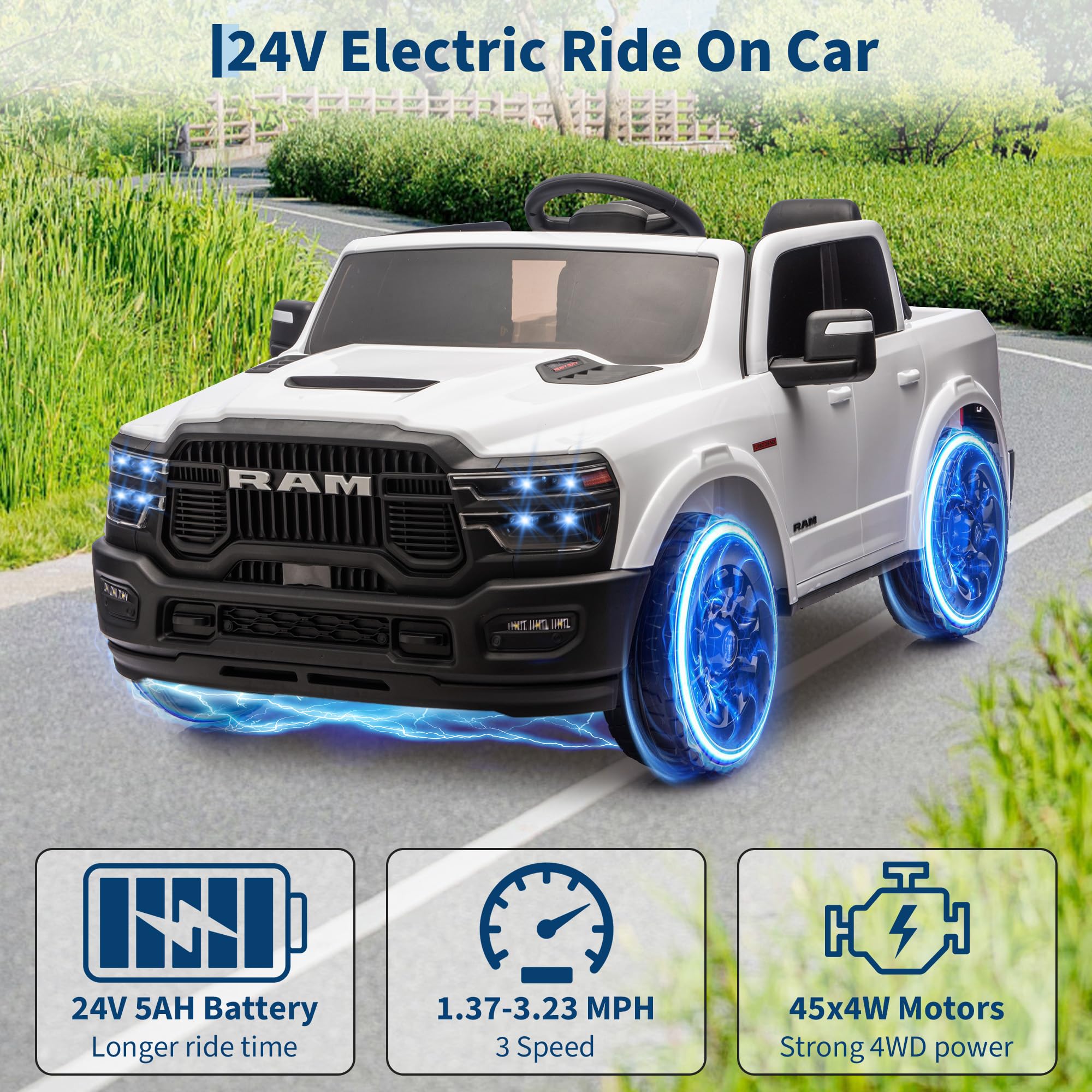 Garvee 24V Ride On Toys Licensed RAM 2500 2 Seater Kids Electric Truck Car With Remote Control White