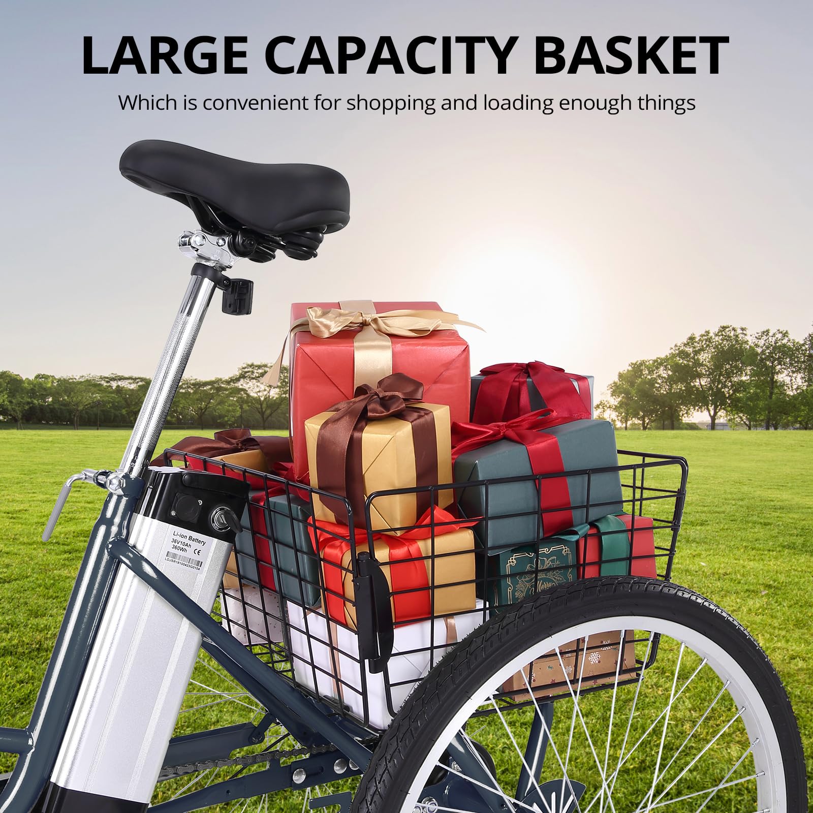 Garvee Electric Tricycle for Adults, 7 Speeds Folding Electric Trike, 26 Inch 3 Wheel Motorized Bicycle w/ 36V 10Ah Removable Battery, E Trikes with Large Basket, 330 Loading Capacity, 250W Motor, Gray