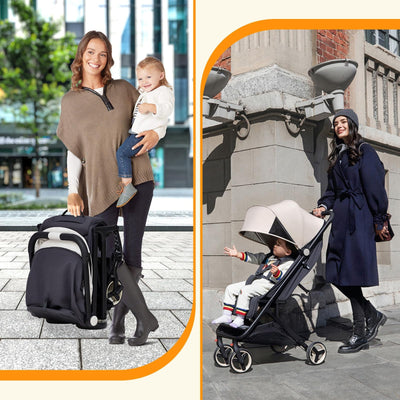 Garvee Lightweight Compact Stroller, One Hand Fold, Airplane Friendly, Reclining Seat, Canopy, Smooth Suspension, Travel Ready, Pink, Ideal for Travel - Beige