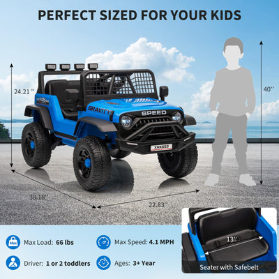 Garvee 12V Kids Ride On Truck Car with Parent Remote Control, 3 Speeds, Emergency Braking, LED Lights, Music & Horn, Blue, Outdoor Adventure Toy
