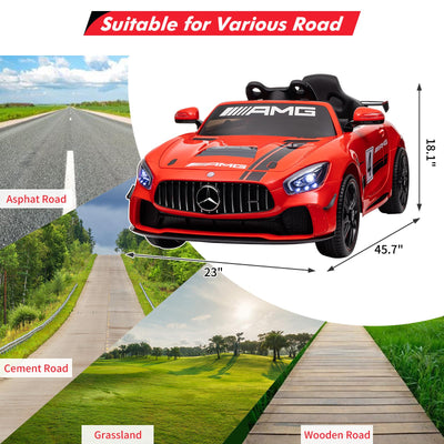 Garvee 12V Licensed Benz AMG Ride-On Car: Remote Control, Sound System, LED Headlights, One-Button Assemble Wheels, for Ages 3-8 - Red