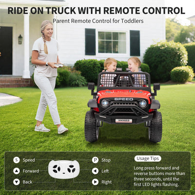 Garvee 12V Kids Ride On Truck Car with Parent Remote Control, 3 Speeds, Emergency Braking, LED Lights, Music & Horn, Red for Outdoor Adventures
