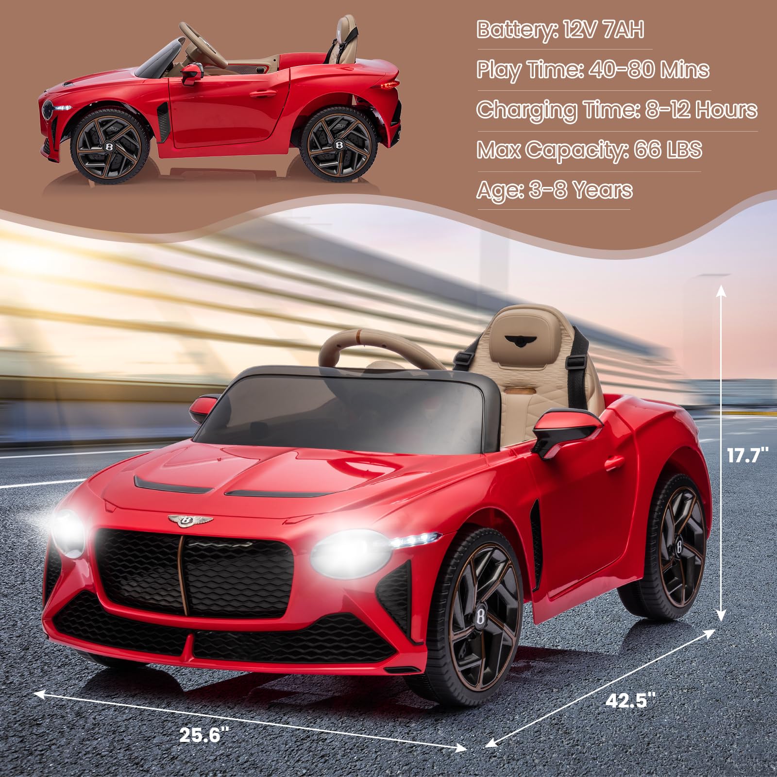 Garvee Kids Ride On Car, Licensed Bentley Bacalar 12V Electric Vehicles w/Parent Remote Control, Scissor Door, Suspension, 3 Speeds, LED Lights, Horn, Battery Powered Ride on Toy for Boys Girls - Red