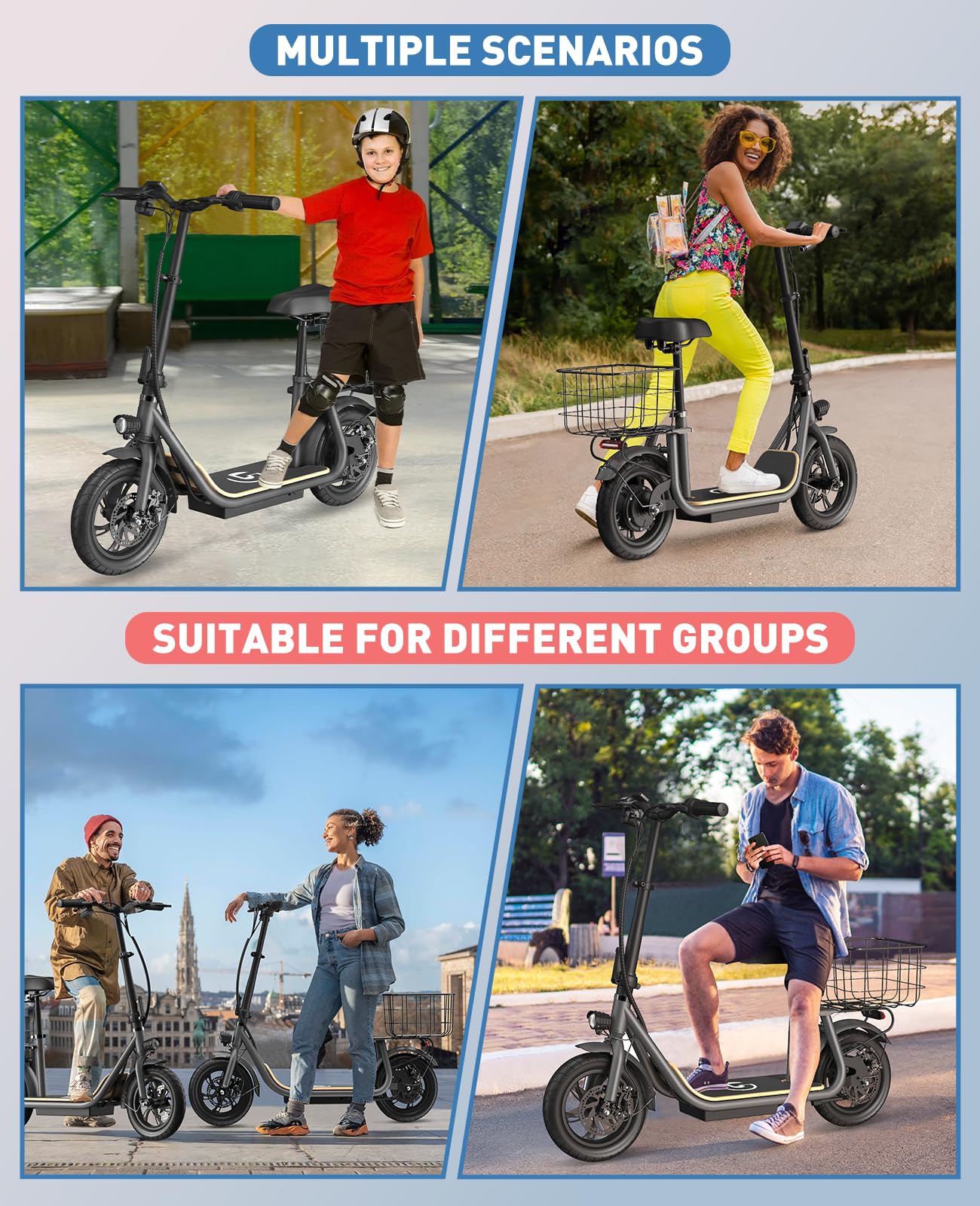 Garvee Electric Scooter for Adults, 12" Fat Tire Foldable Electric Bike with Seat and Basket, 450W Brushless Motor, Dual Brake System, 265lbs Max Load, 19 Mph 25 Miles Range, Smart LCD Display, Grey