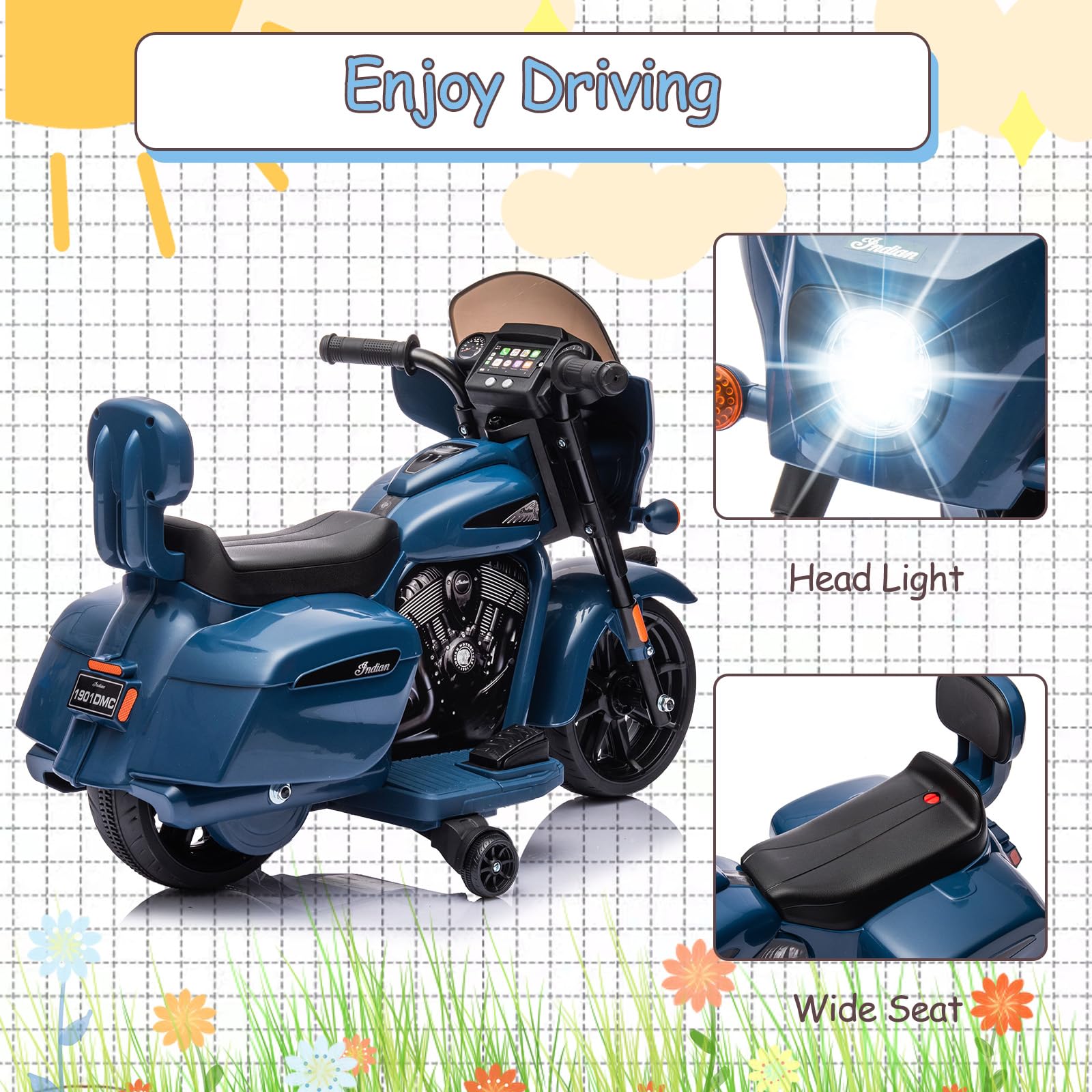 Garvee Ride - B Series: 6V Ride-On Motorcycle for Kids, Electric Dirt Bike with USB, Music, Headlight - Blue