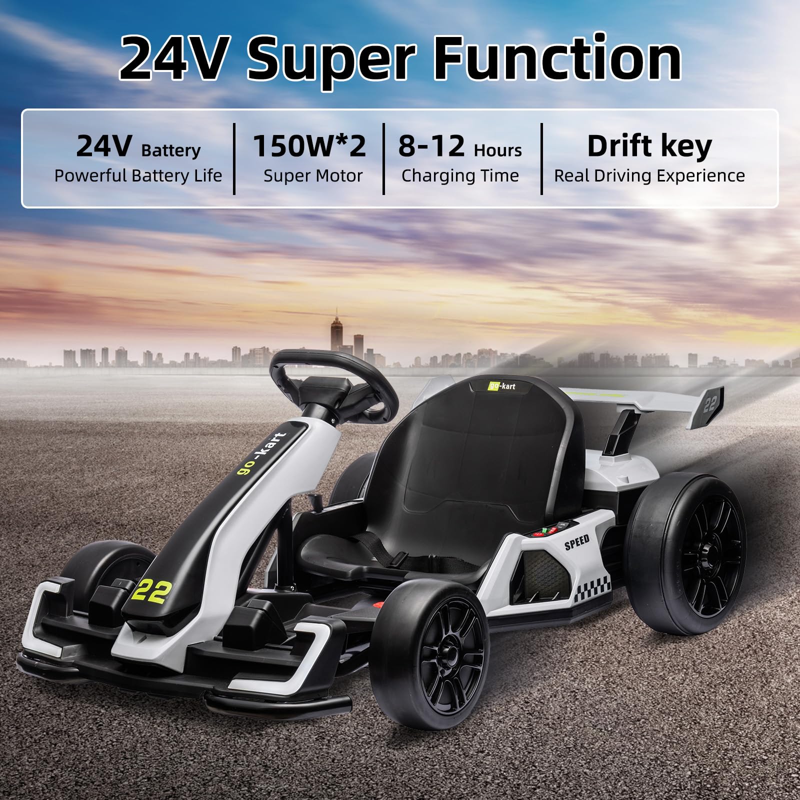 Garvee Ride - G Series: 24V Electric Go Kart, with 300W Strong Motor, Drift/Sport Mode, Big Battery, Eva Tire,Length Adjustment for Outdoor Racing Toy-White
