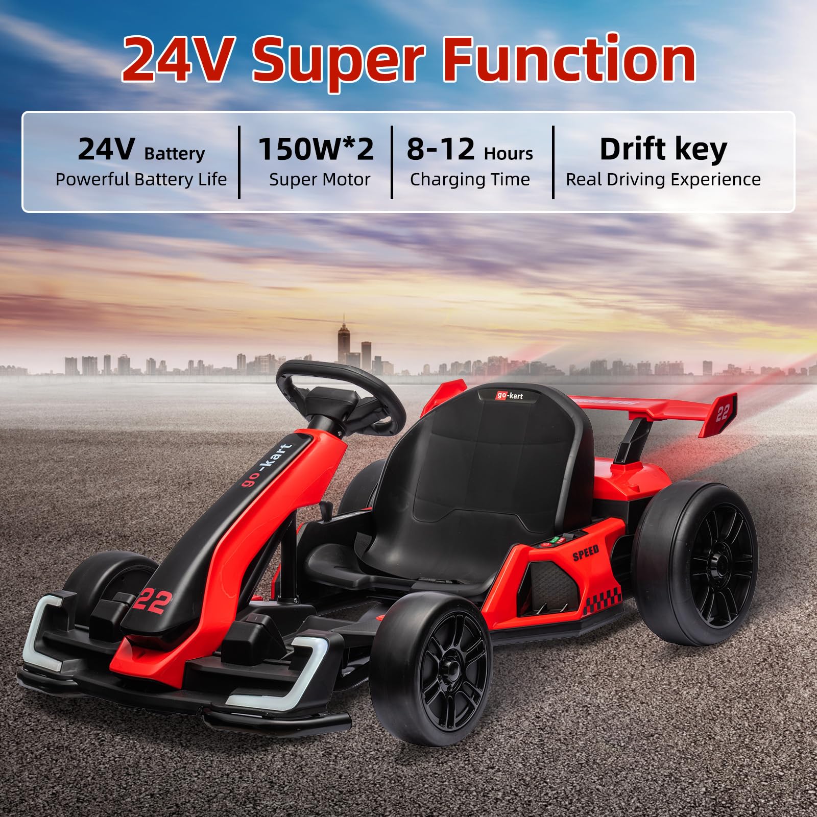 Garvee Ride - G Series: 24V Electric Go Kart, with 300W Strong Motor, Drift/Sport Mode, Big Battery, Eva Tire,Length Adjustment for Outdoor Racing Toy-Red