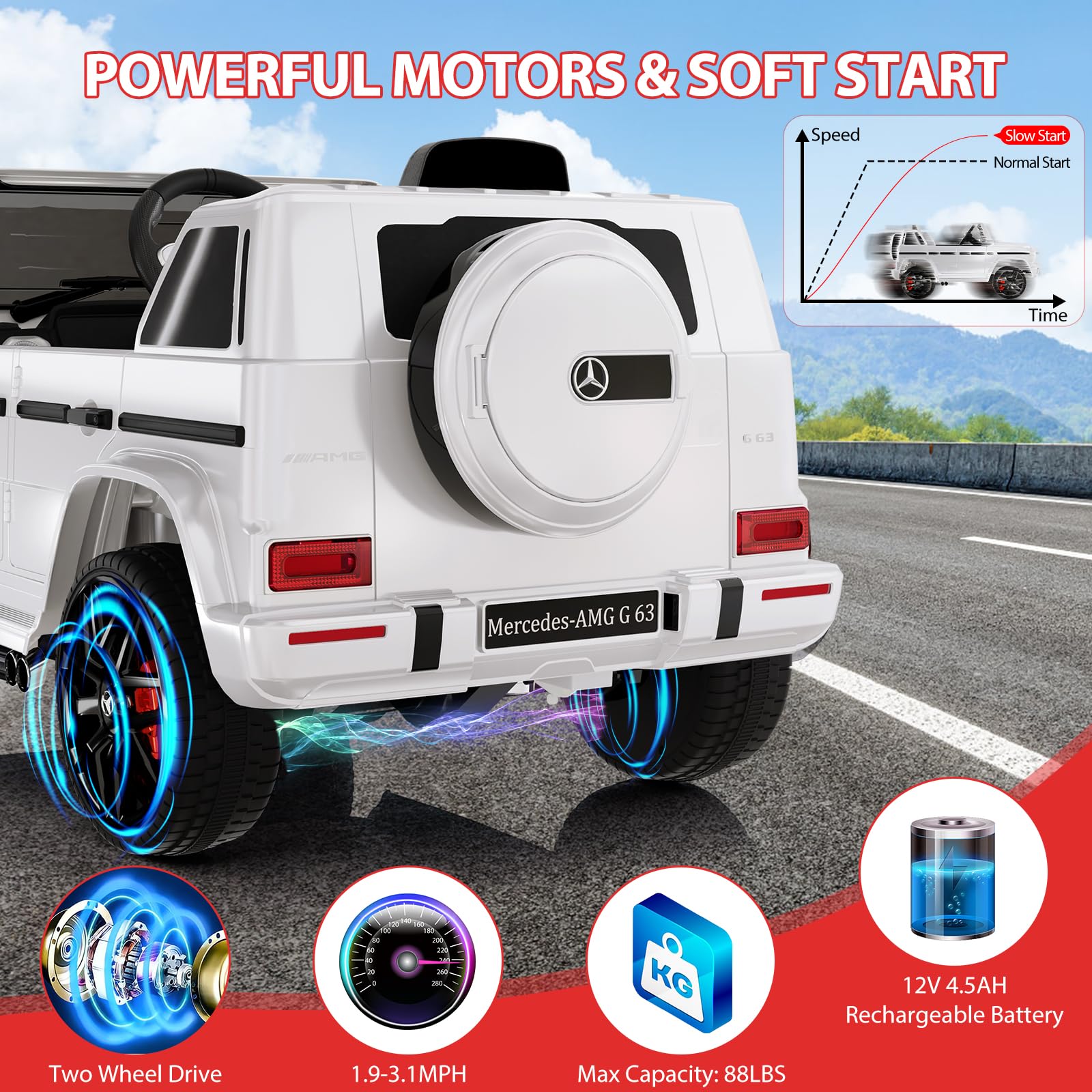 Garvee 12V Kids Ride on Car, Licensed Mercedes Benz G63 Electric Car w/Remote Control, Music, Spring Suspension, LED Light, Bluetooth, Horn, AUX, Safety Lock Battery Powered Electric Vehicle - White