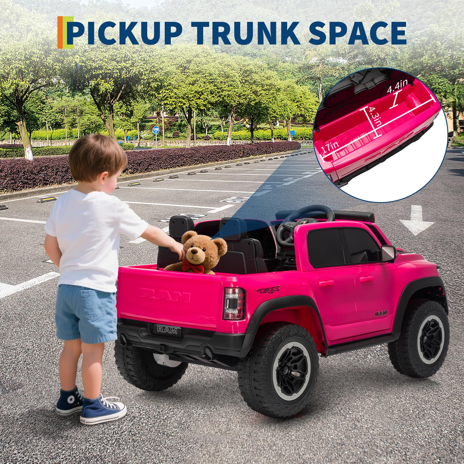 Garvee 12V Electric Ride On Truck for Kids Licensed RAM Pickup Truck Dual Motor Remote Control LED Lights Music Storage