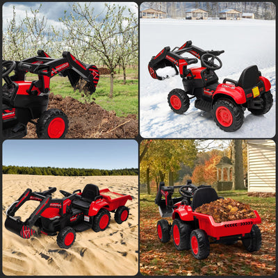 Garvee Ride - P Series: 12V 3 in 1 Ride on Excavator & Tractor with Detachable Trailer, Ride on Car Toy with Remote Control, Digger, LED Lights, Music, Kids Electric Vehicles for Boys Girls, Red