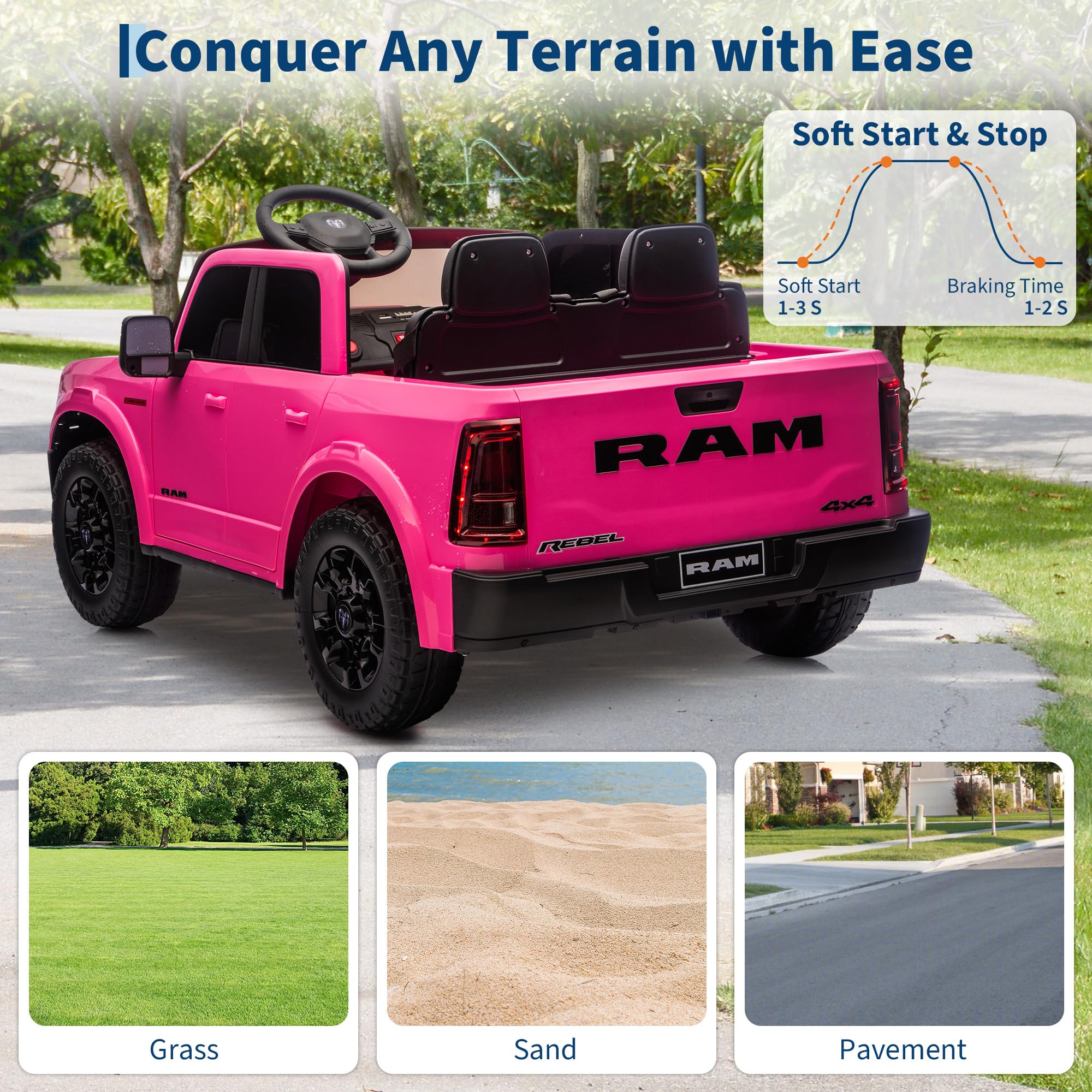 Garvee 24V Ride On Toys Licensed RAM 2500, 2 Seater Kids Ride On Truck Car, Pink, Spacious Truck Bed, LED Lights, Bluetooth, Suspension, 3 Speed