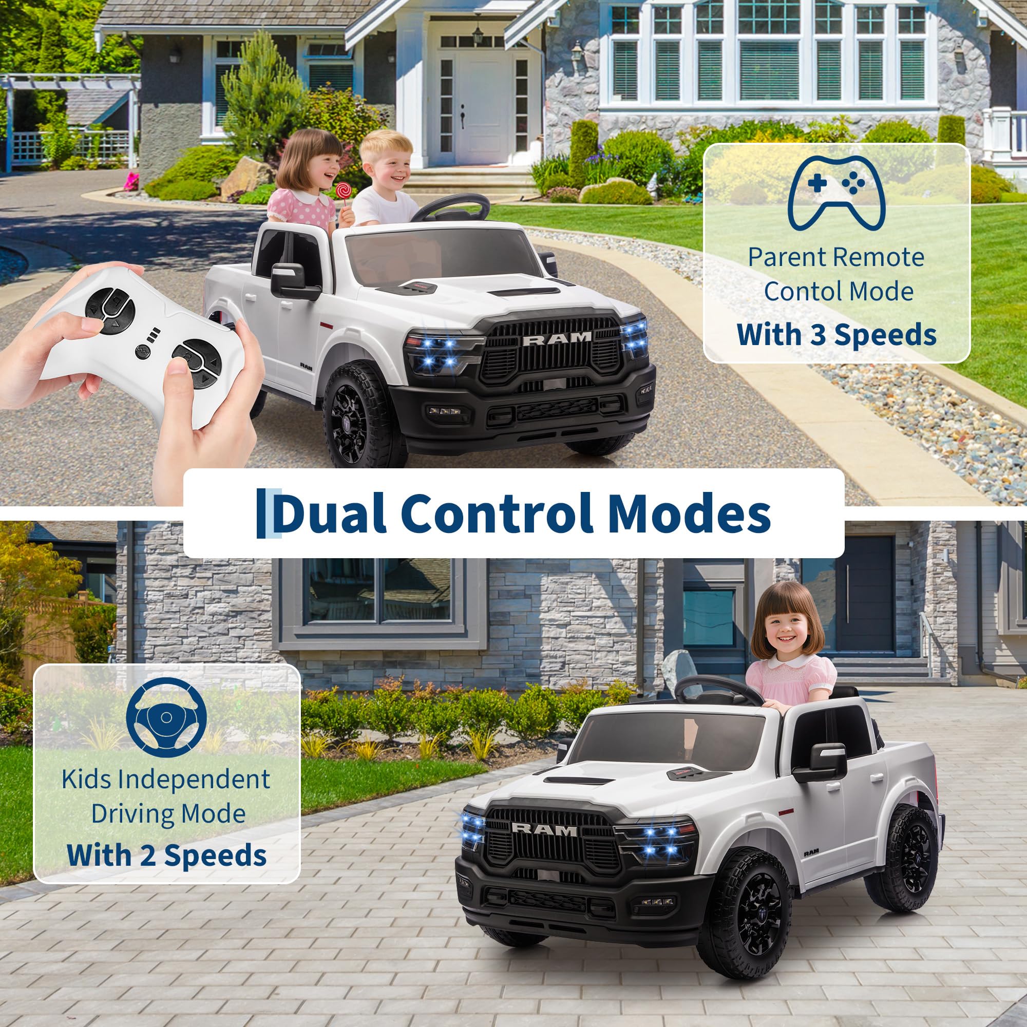 Garvee 24V Ride On Toys Licensed RAM 2500 2 Seater Kids Electric Truck Car With Remote Control White