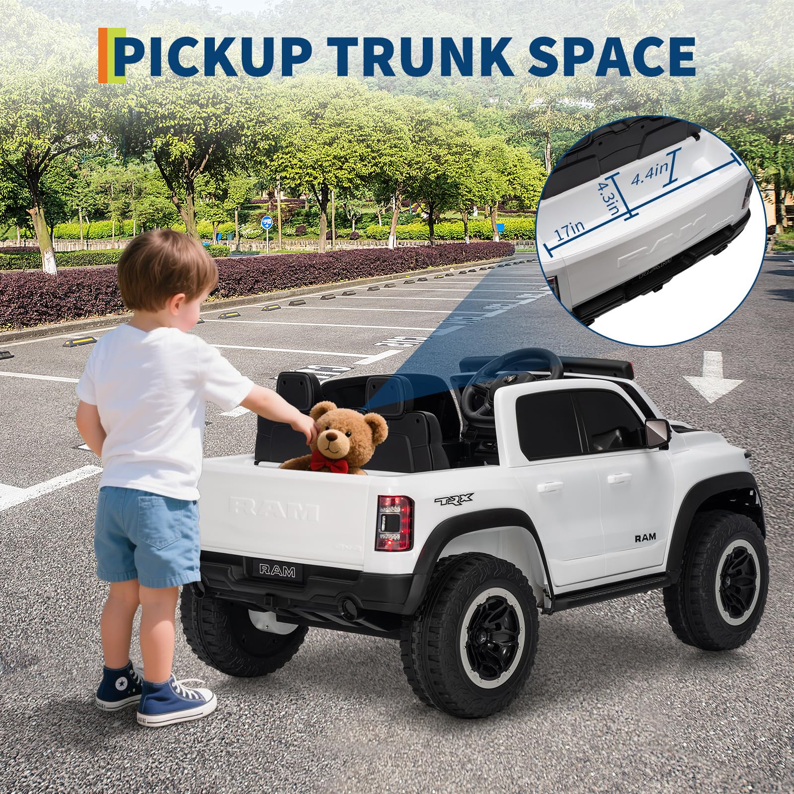 Garvee 12V Ride On Car for Kids Licensed RAM Remote Control Toddler Truck Electric Pickup Truck with Parental Control Truck Bed Storage LED Lights Music