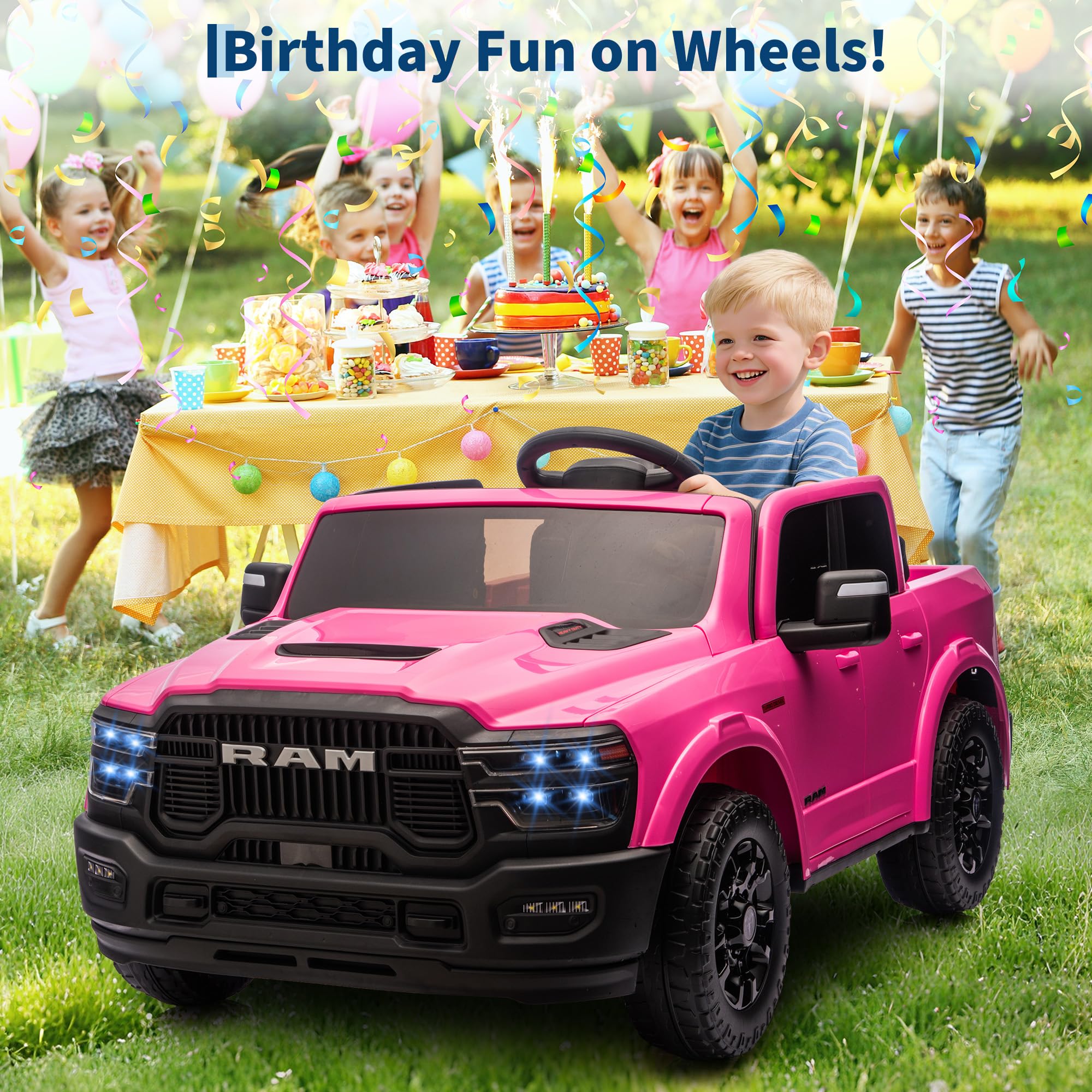 Garvee 24V Ride On Toys Licensed RAM 2500, 2 Seater Kids Ride On Truck Car, Pink, Spacious Truck Bed, LED Lights, Bluetooth, Suspension, 3 Speed