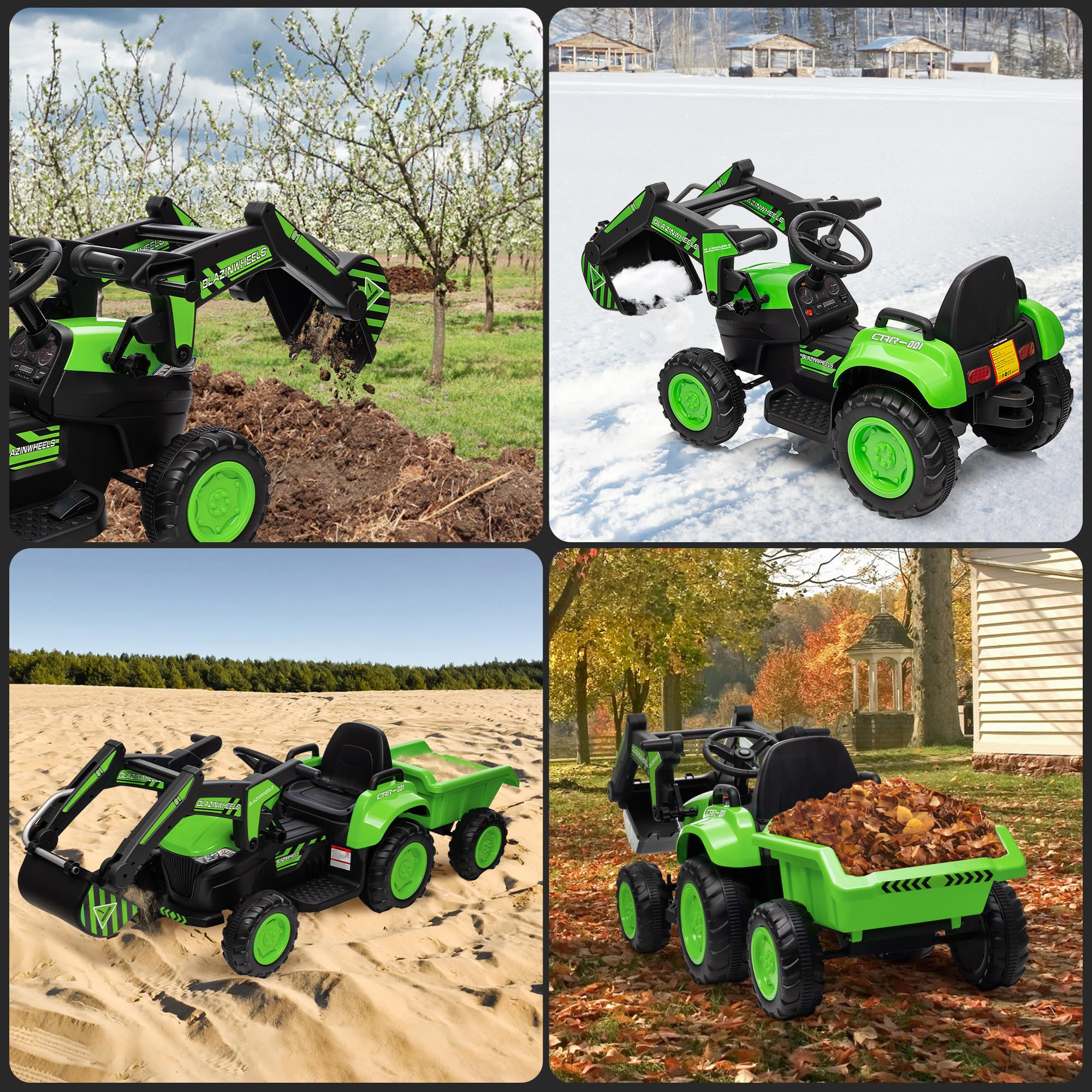 Garvee Ride - P Series: 12V 3 in 1 Ride on Excavator & Tractor with Detachable Trailer, Ride on Car Toy with Remote Control, Digger, LED Lights, Music, Kids Electric Vehicles for Boys Girls, Green