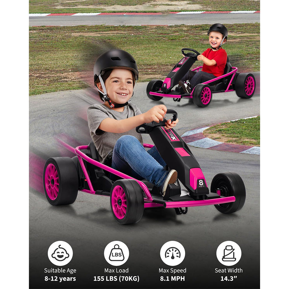 Garvee 24V 9Ah Kids Ride On Go Kart Toy,High Speed 8.1MPH Drifting Car with 2x300W Motors,14.3" XL Seat,Full Metal Frame,Music,Power Display,Max Load 155Lbs Racing for Kids 8-12 Years - Rose