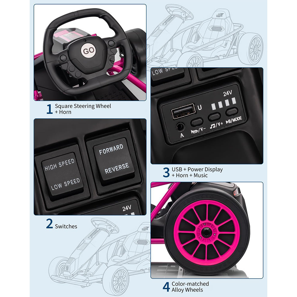 Garvee 24V 9Ah Kids Ride On Go Kart Toy,High Speed 8.1MPH Drifting Car with 2x300W Motors,14.3" XL Seat,Full Metal Frame,Music,Power Display,Max Load 155Lbs Racing for Kids 8-12 Years - Rose